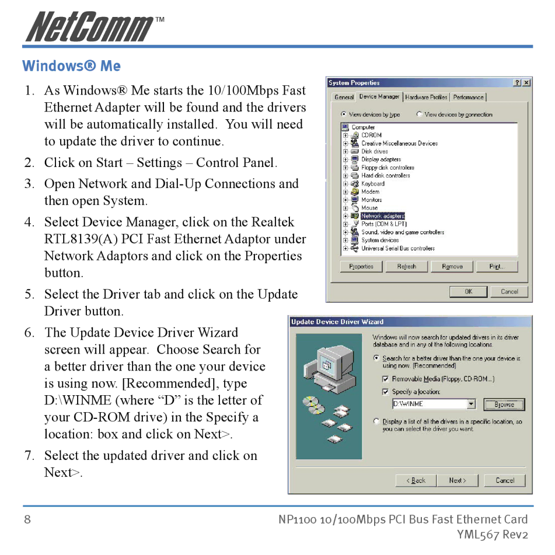 NetComm NP1100 manual Windows Me 