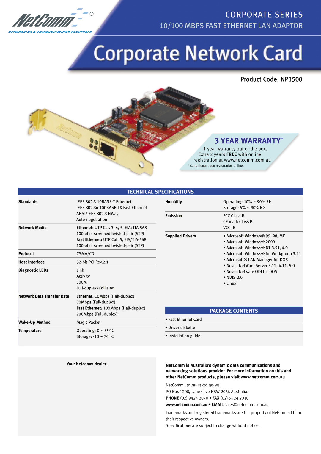 NetComm NP1500 manual Technical Specifications, Package Contents 