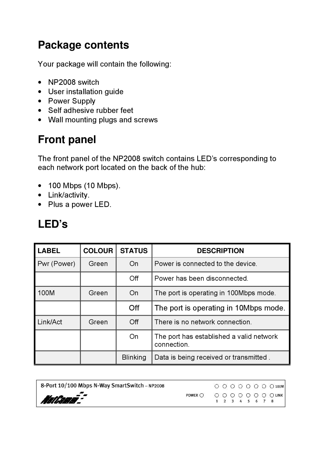 NetComm NP2008 manual Package contents, Front panel, LED’s 