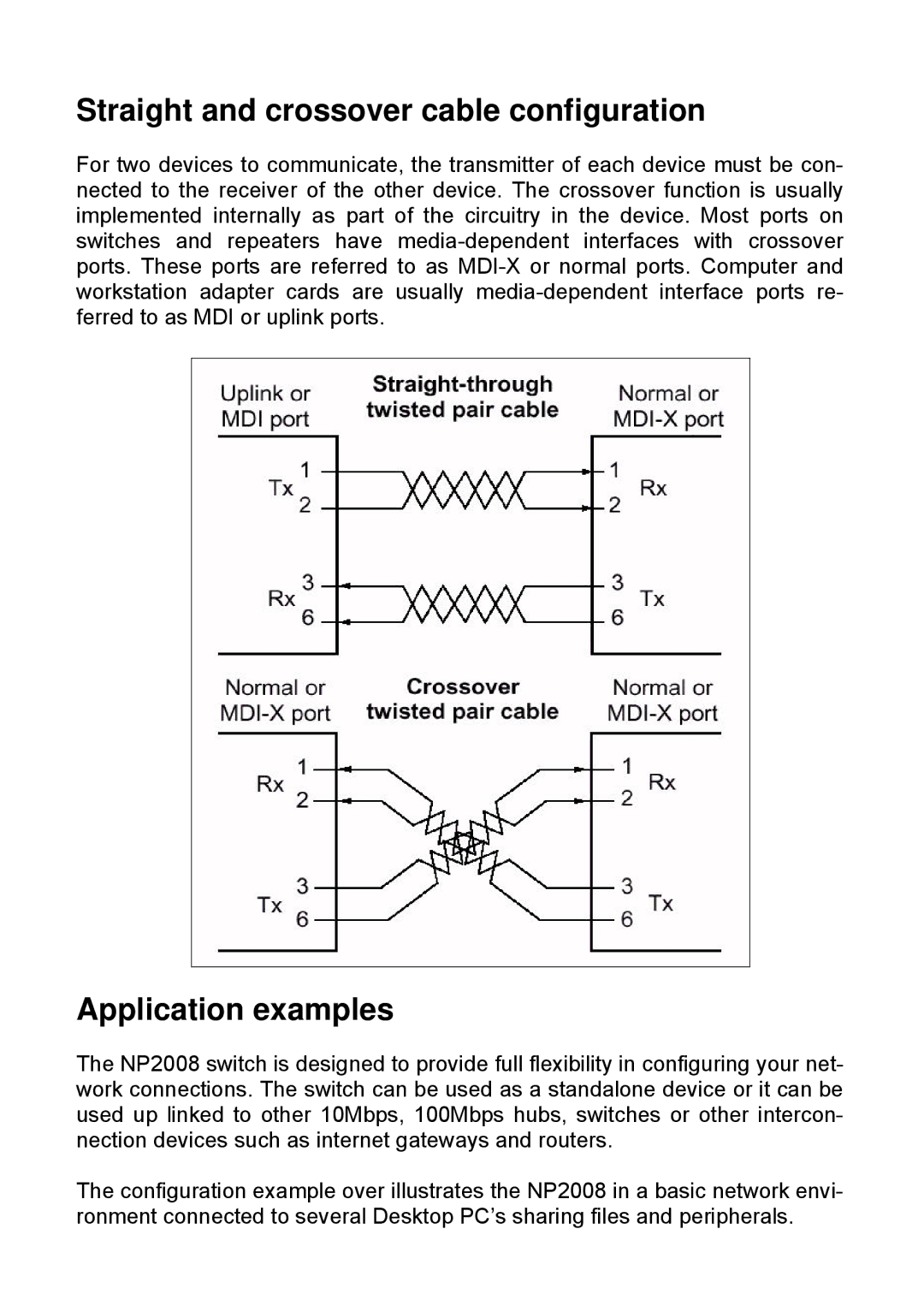 NetComm NP2008 manual Straight and crossover cable configuration, Application examples 