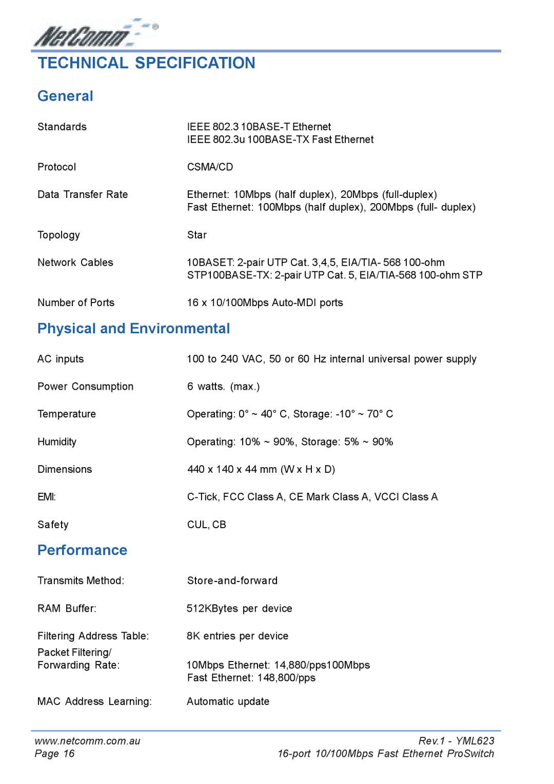 NetComm NP2160 manual Technical Specification, General, Physical and Environmental, Performance 