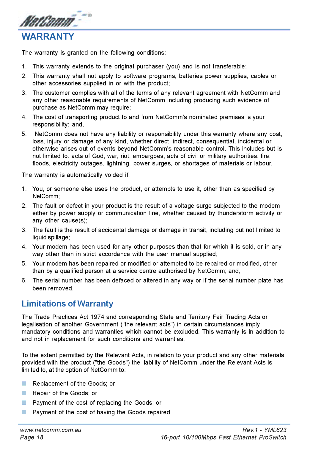 NetComm NP2160 manual Limitations of Warranty 