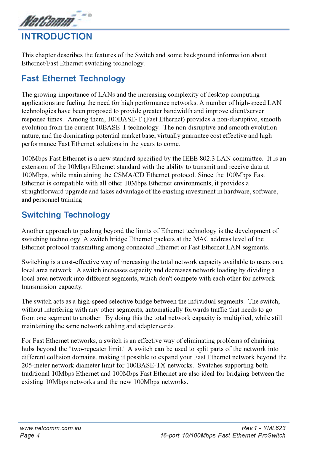 NetComm NP2160 manual Introduction, Fast Ethernet Technology, Switching Technology 