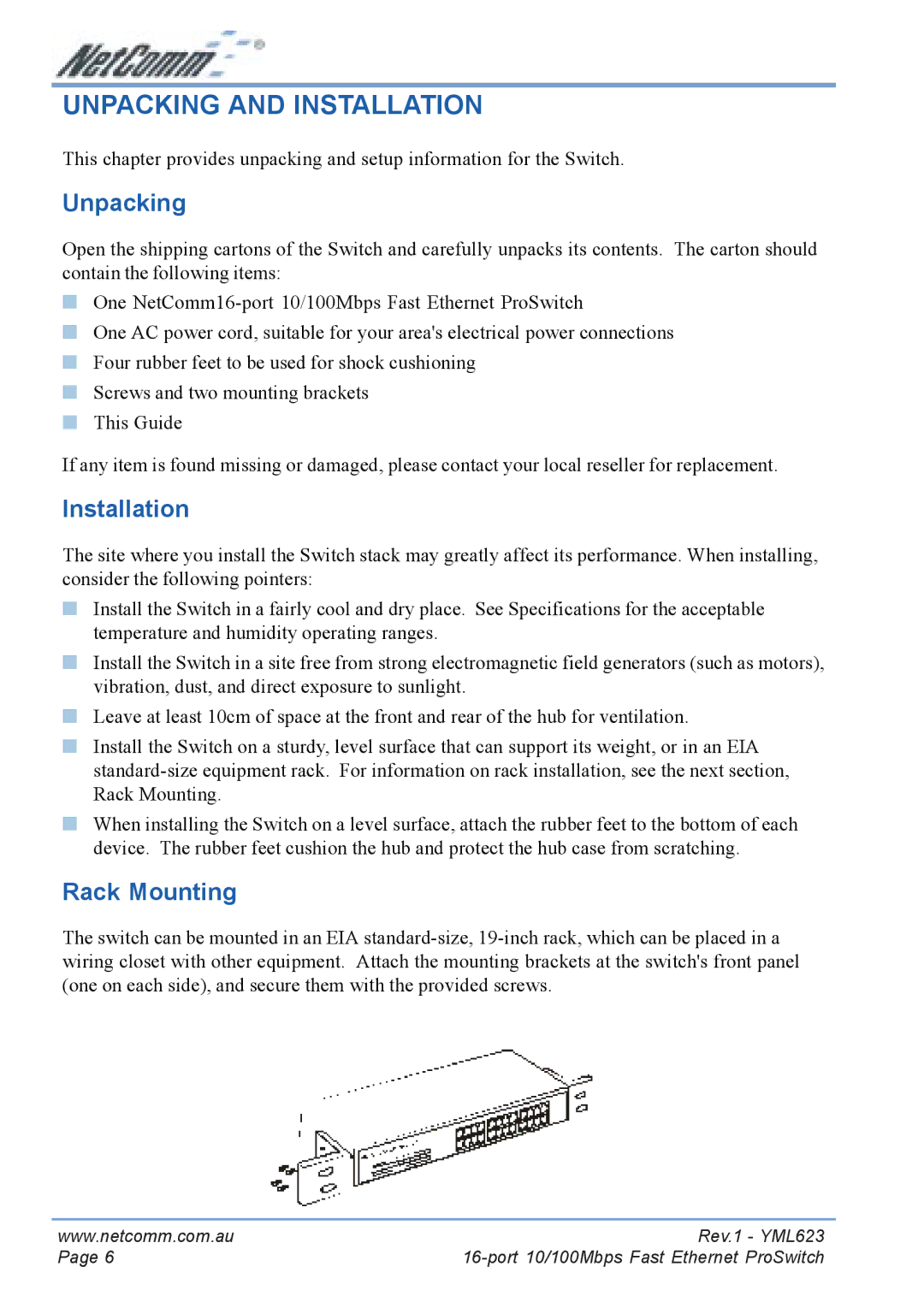 NetComm NP2160 manual Unpacking and Installation, Rack Mounting 