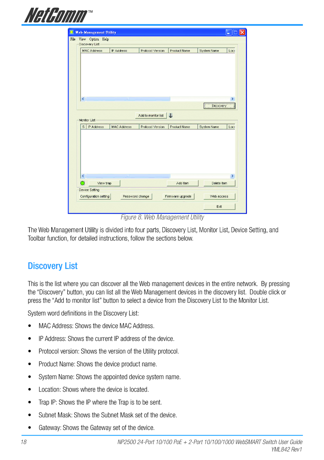 NetComm NP2500 manual Discovery List, Web Management Utility 