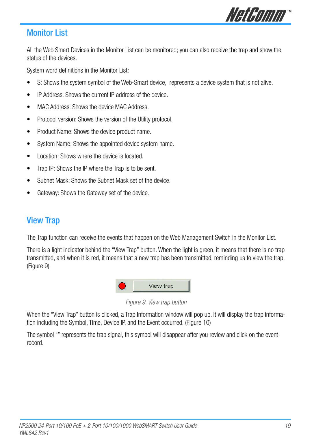 NetComm NP2500 manual Monitor List, View Trap 