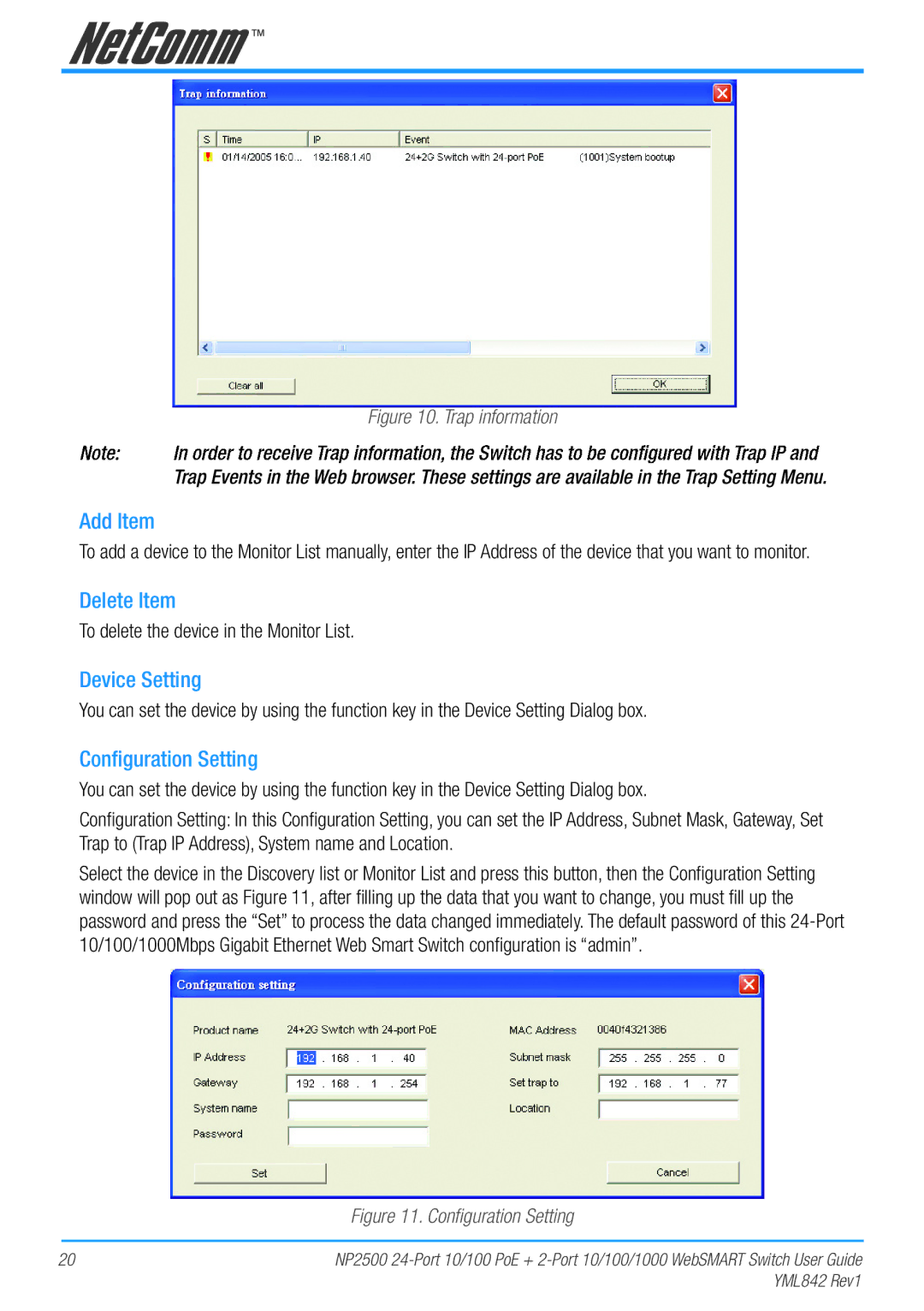 NetComm NP2500 manual Add Item, Delete Item, Device Setting, Conﬁguration Setting, To delete the device in the Monitor List 