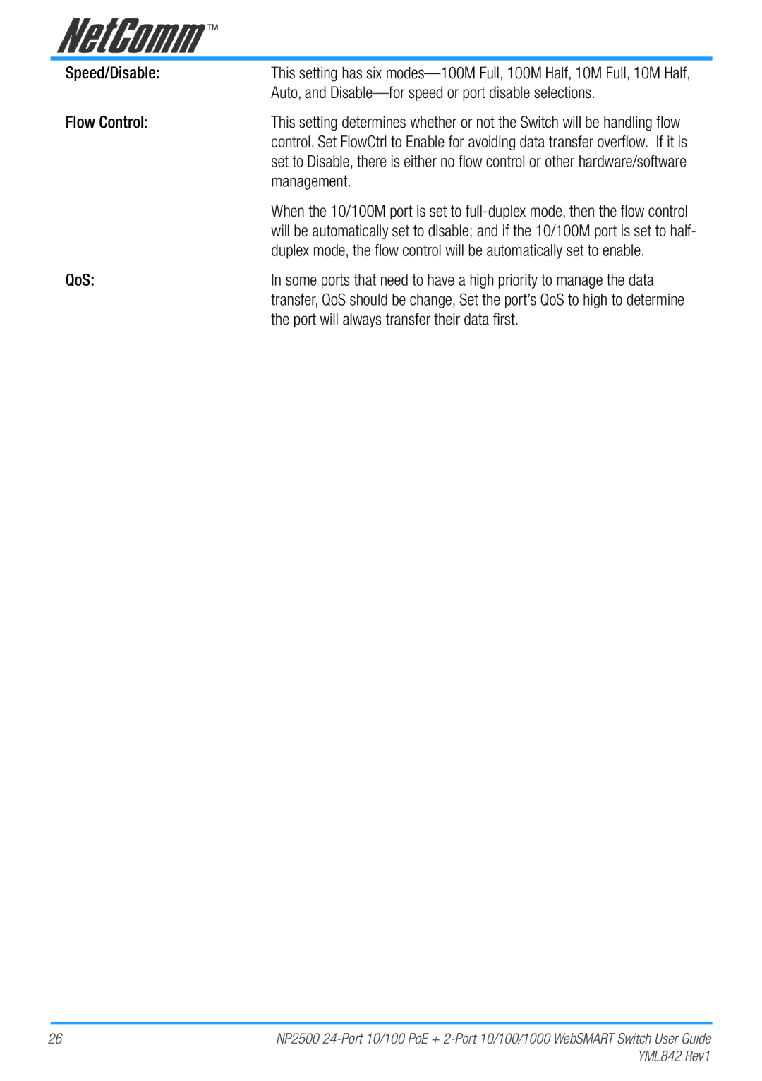 NetComm NP2500 manual Auto, and Disable-for speed or port disable selections, Flow Control, Management, QoS 