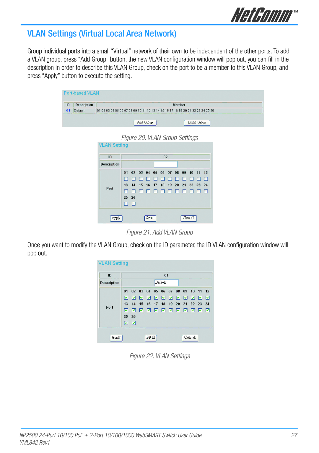 NetComm NP2500 manual Vlan Settings Virtual Local Area Network, Vlan Group Settings 