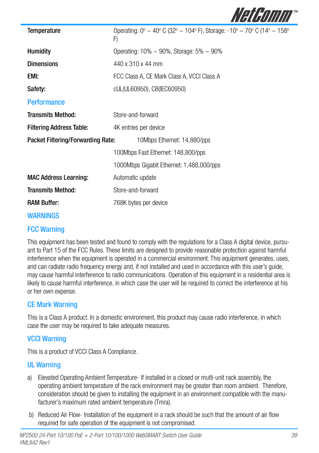 NetComm NP2500 manual Performance, FCC Warning, CE Mark Warning, Vcci Warning, UL Warning 