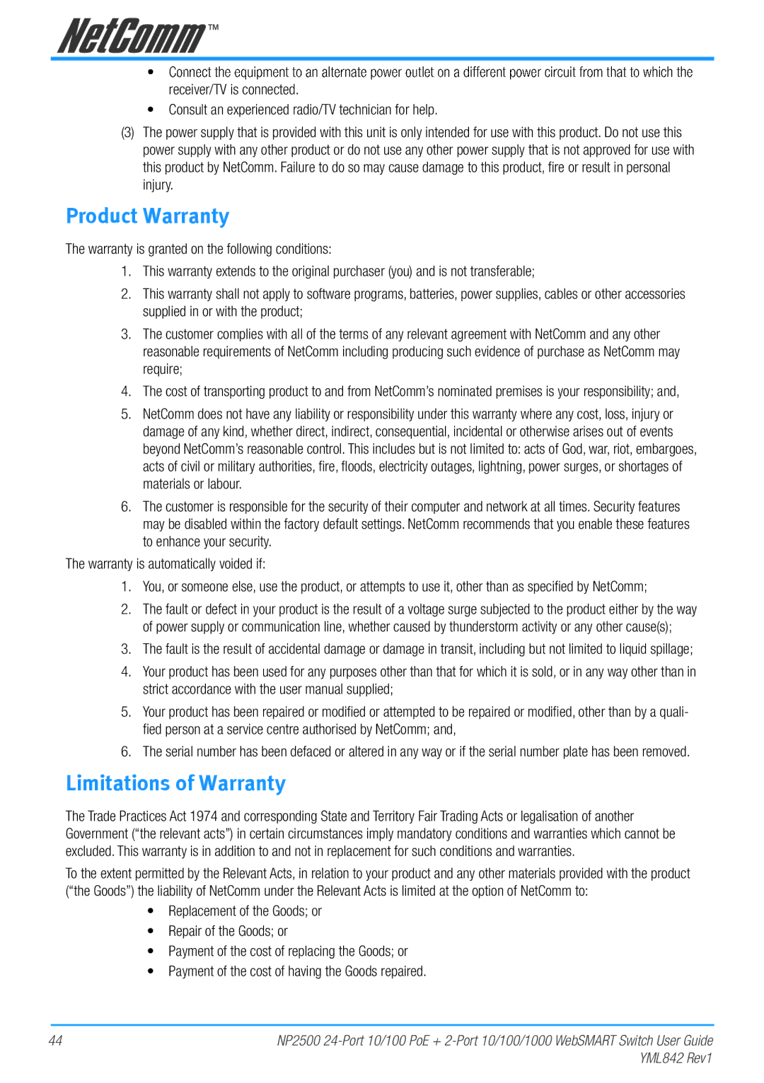 NetComm NP2500 manual Product Warranty 