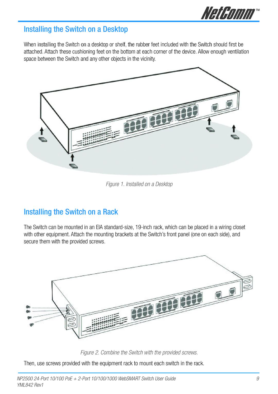NetComm NP2500 manual Installing the Switch on a Desktop, Installing the Switch on a Rack 