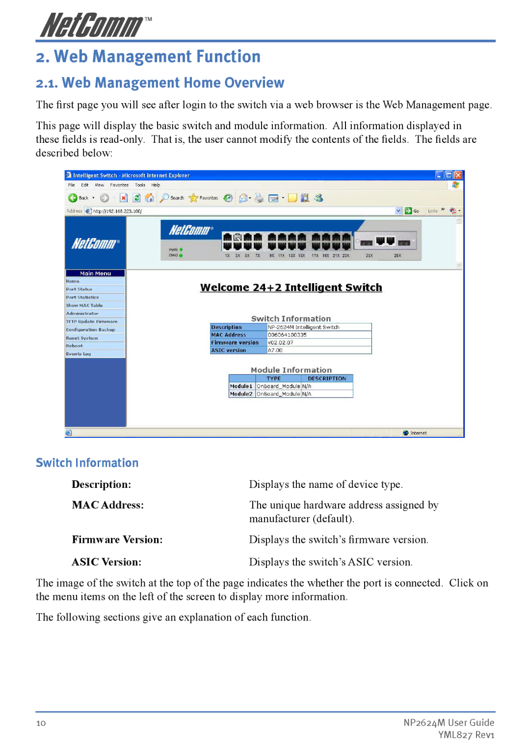 NetComm NP2624M manual Web Management Home Overview, Switch Information 