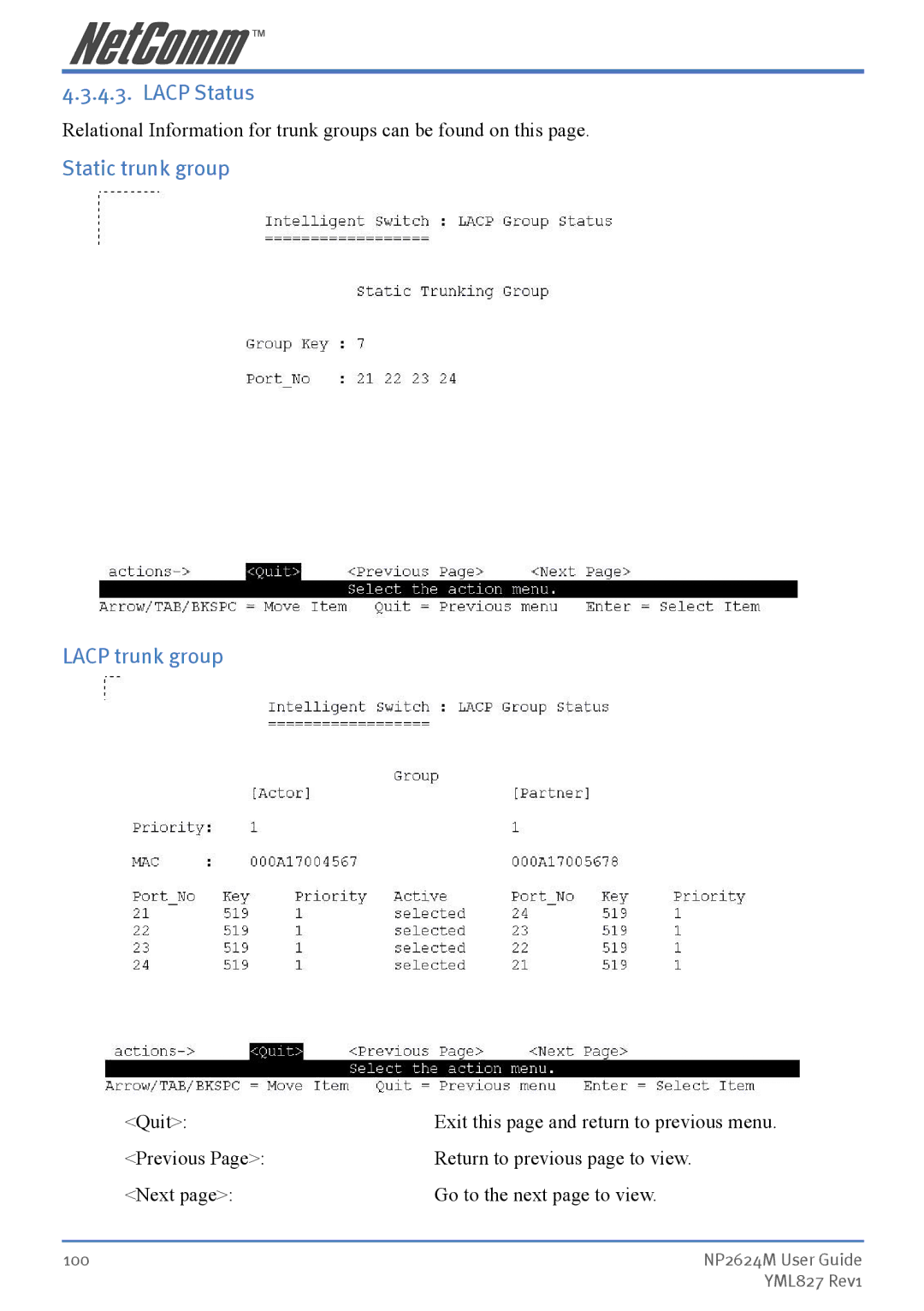 NetComm NP2624M manual Lacp Status, Static trunk group Lacp trunk group 