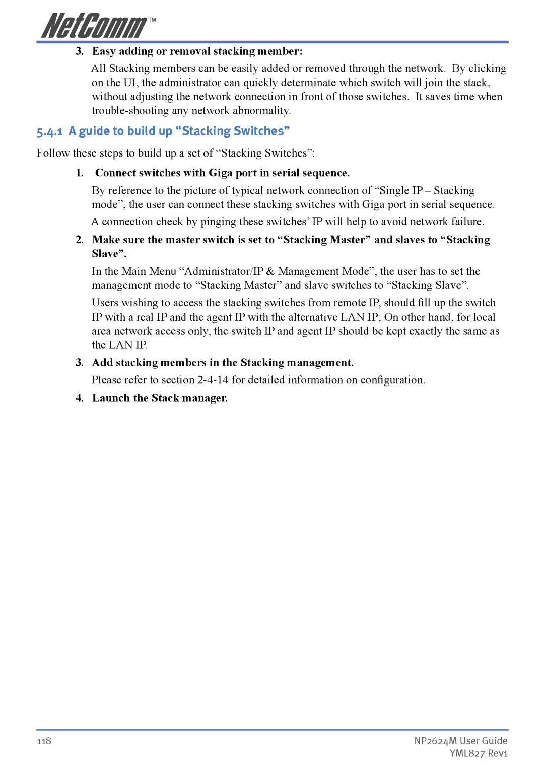 NetComm NP2624M Guide to build up Stacking Switches, Easy adding or removal stacking member, Launch the Stack manager 