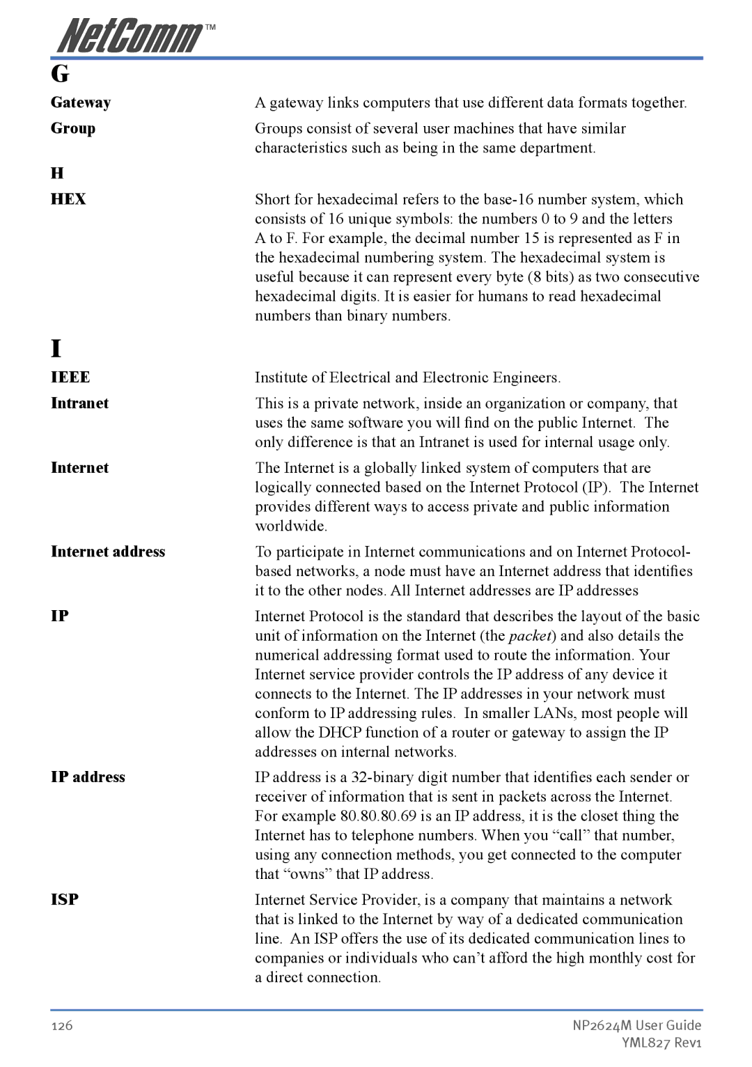 NetComm NP2624M manual Gateway, Group, Intranet, Internet address, IP address 