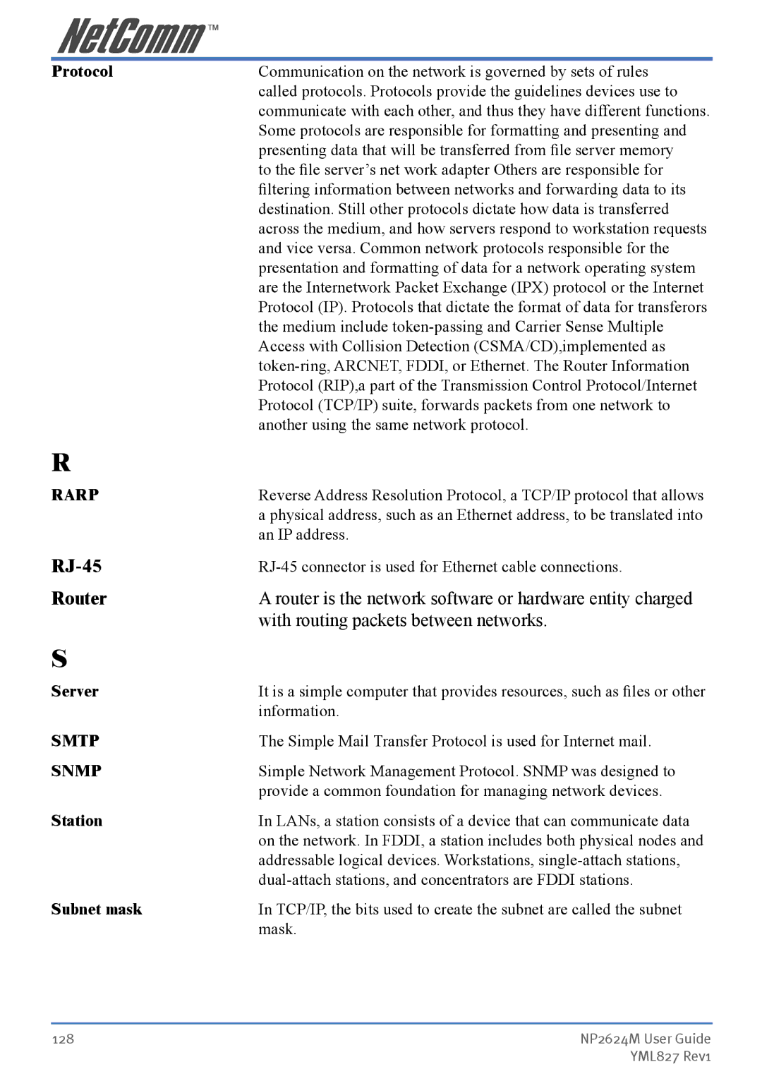 NetComm NP2624M manual Protocol, Server, Station, Subnet mask 