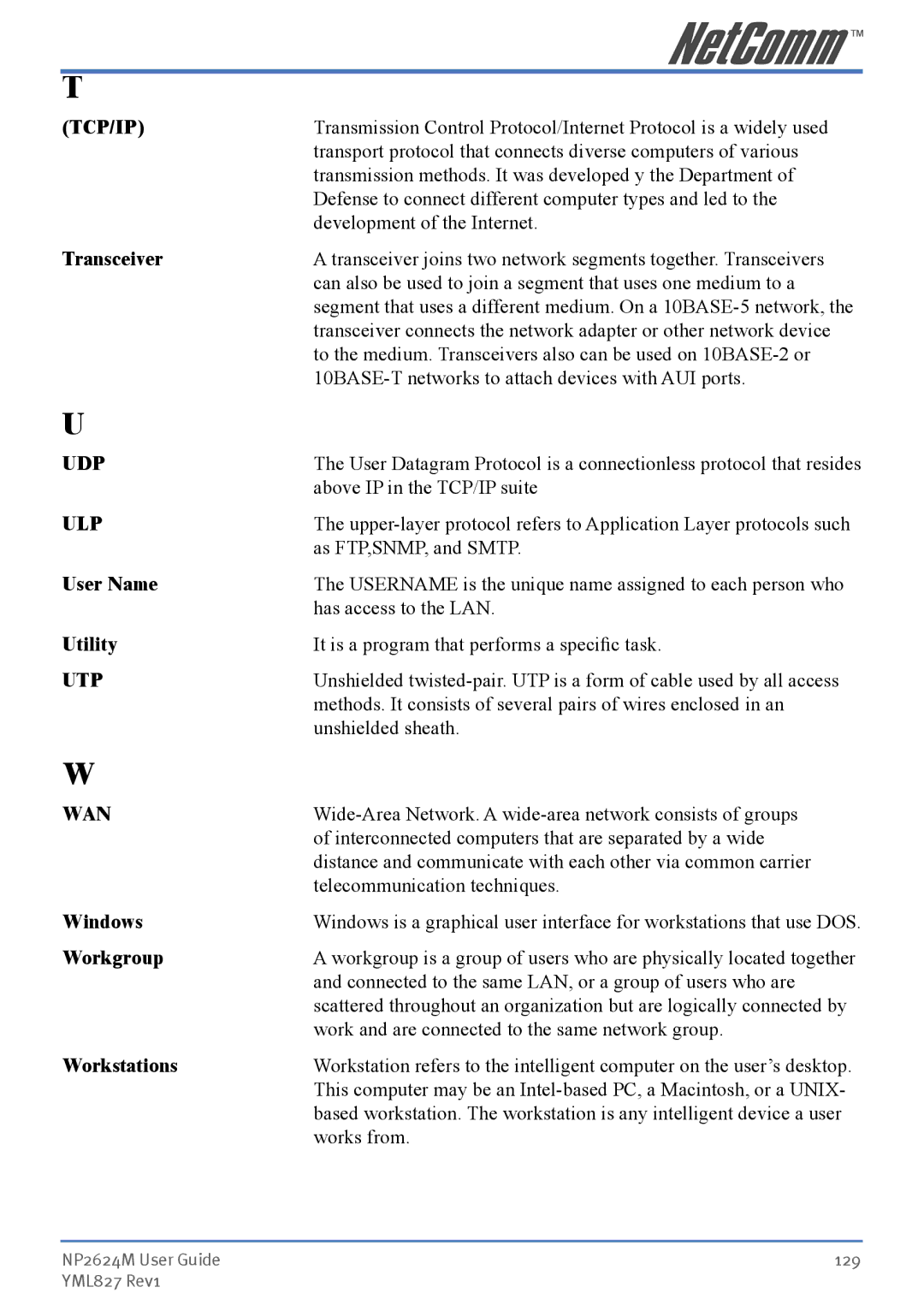 NetComm NP2624M manual Transceiver, User Name, Utility, Windows, Workgroup, Workstations 