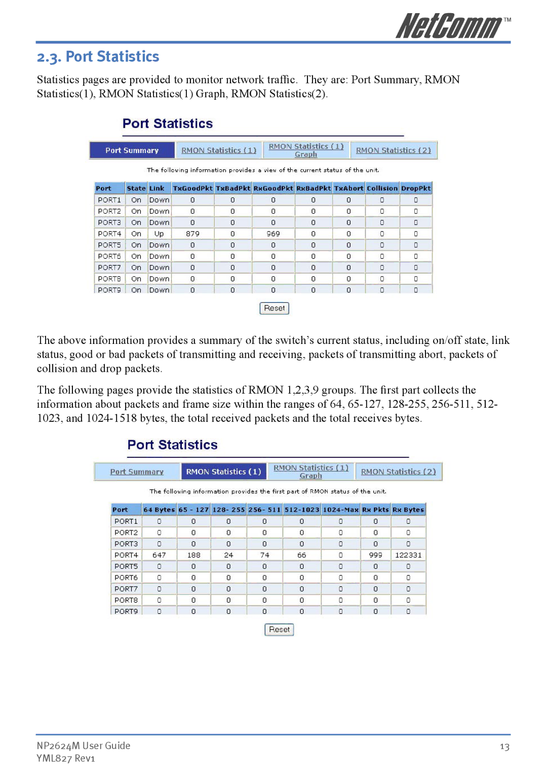 NetComm NP2624M manual Port Statistics 