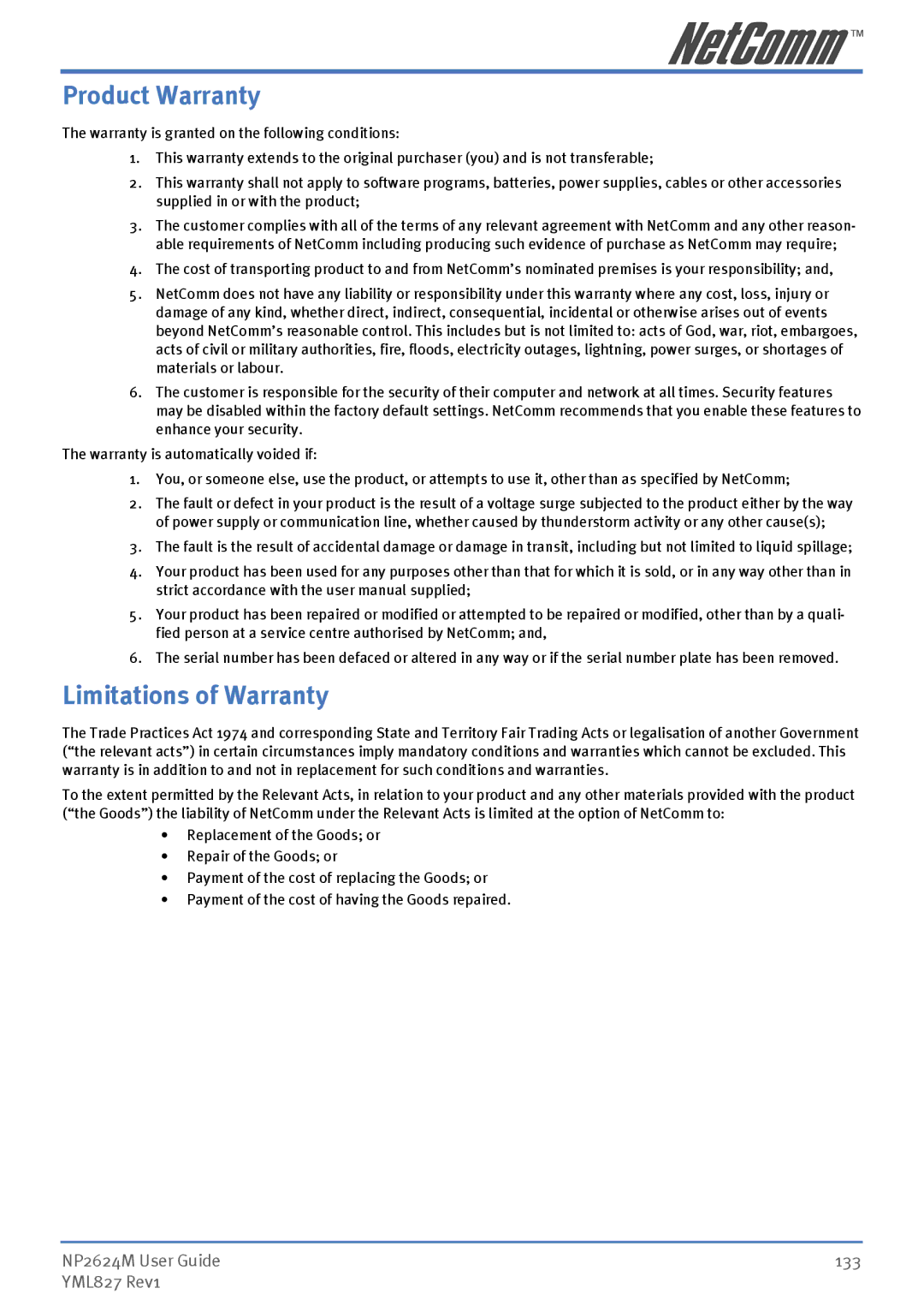 NetComm NP2624M manual Product Warranty, Limitations of Warranty 