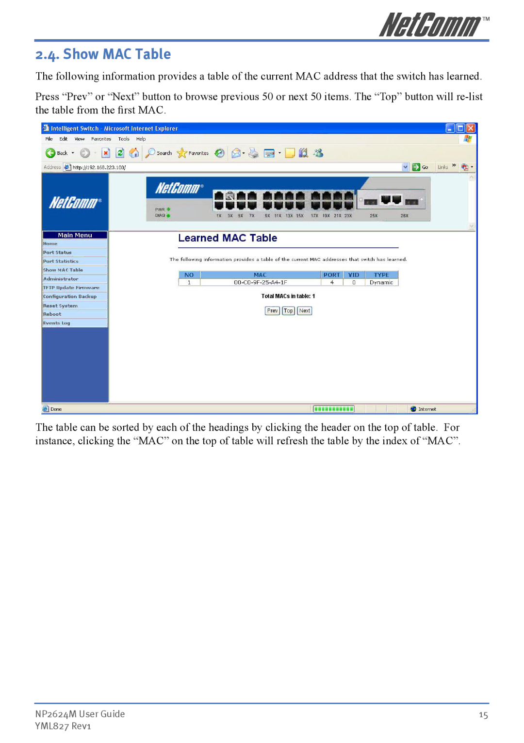 NetComm NP2624M manual Show MAC Table 