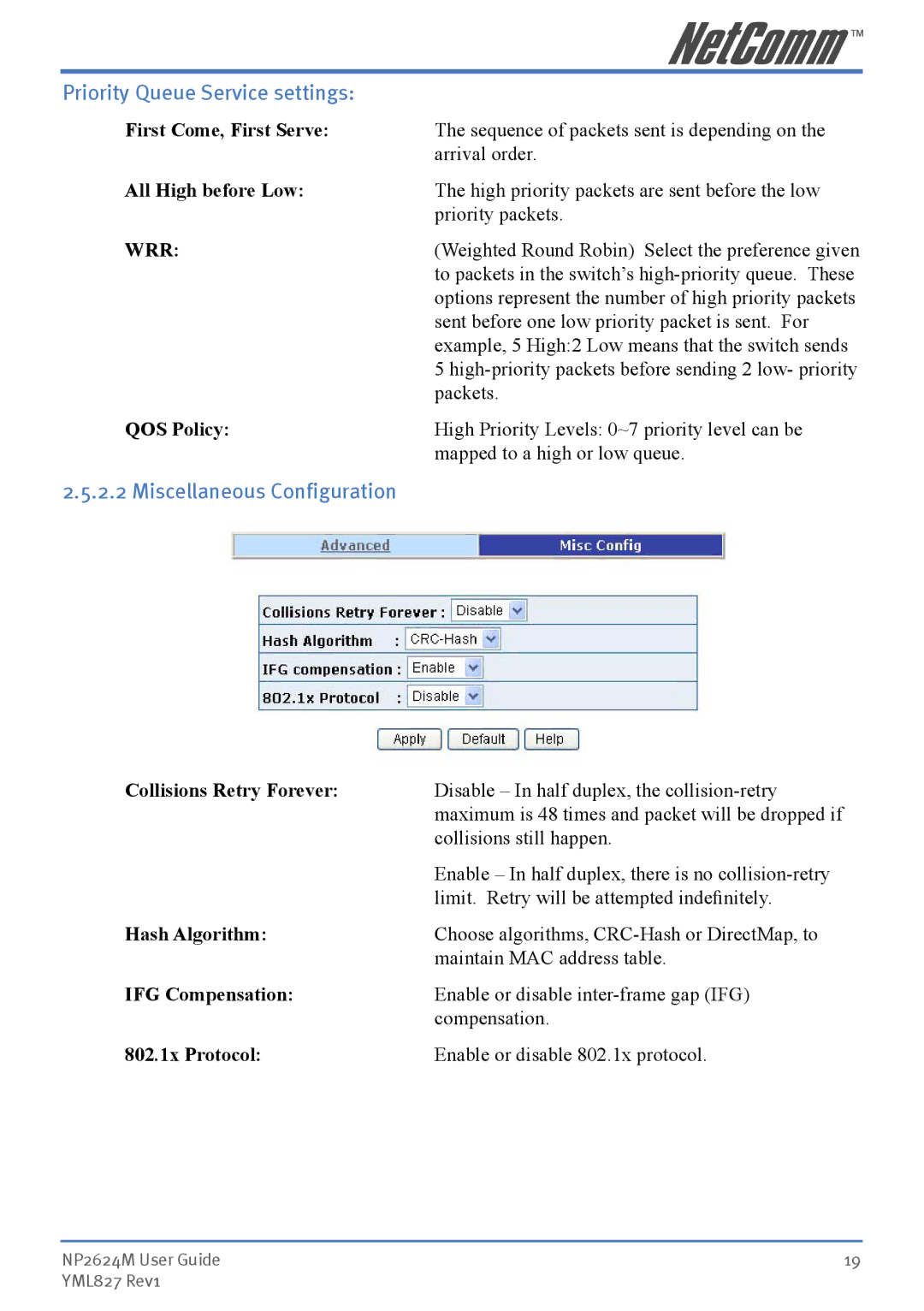 NetComm NP2624M manual Priority Queue Service settings, Miscellaneous Configuration 