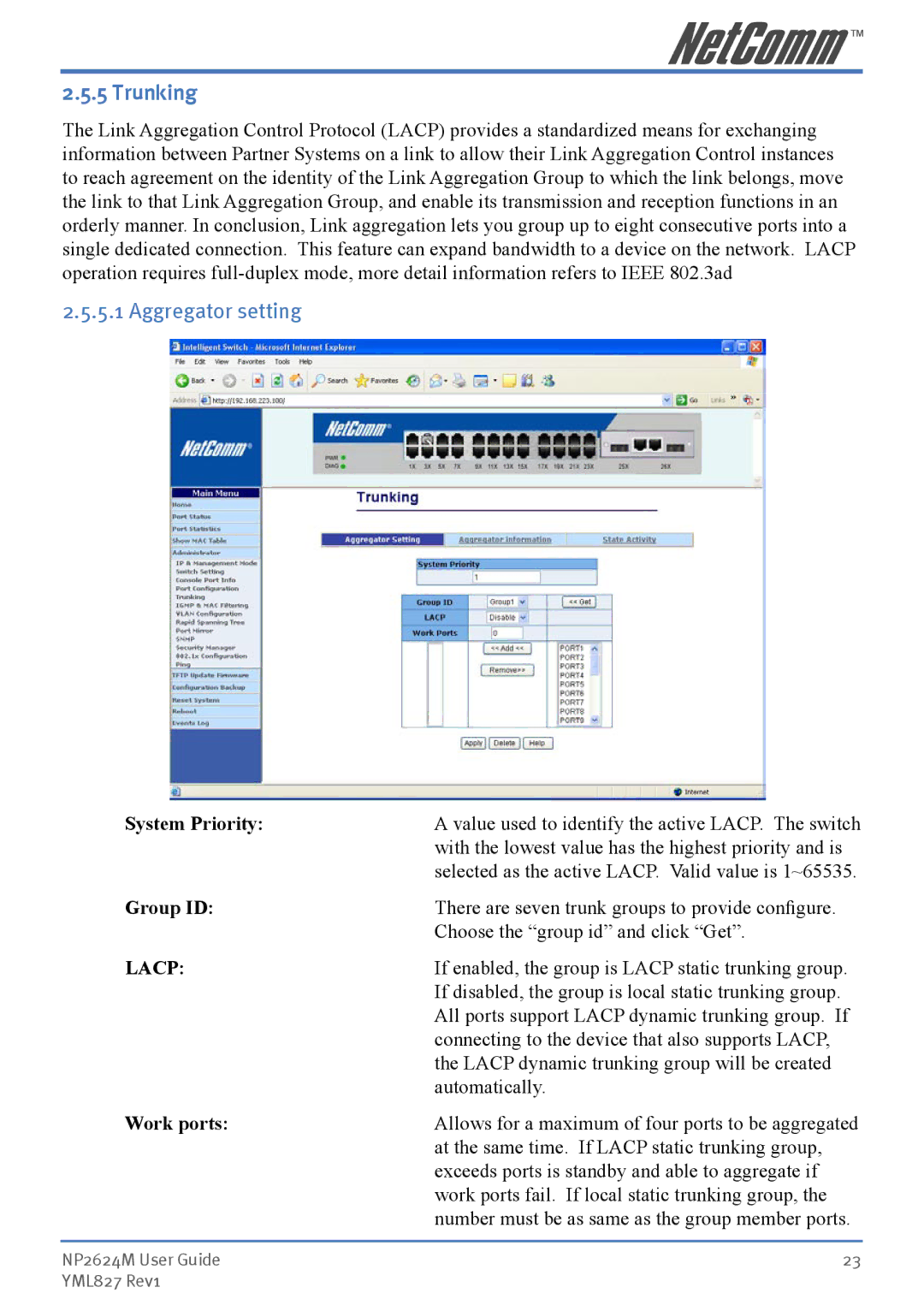 NetComm NP2624M manual Trunking, Aggregator setting, System Priority, Group ID, Work ports 