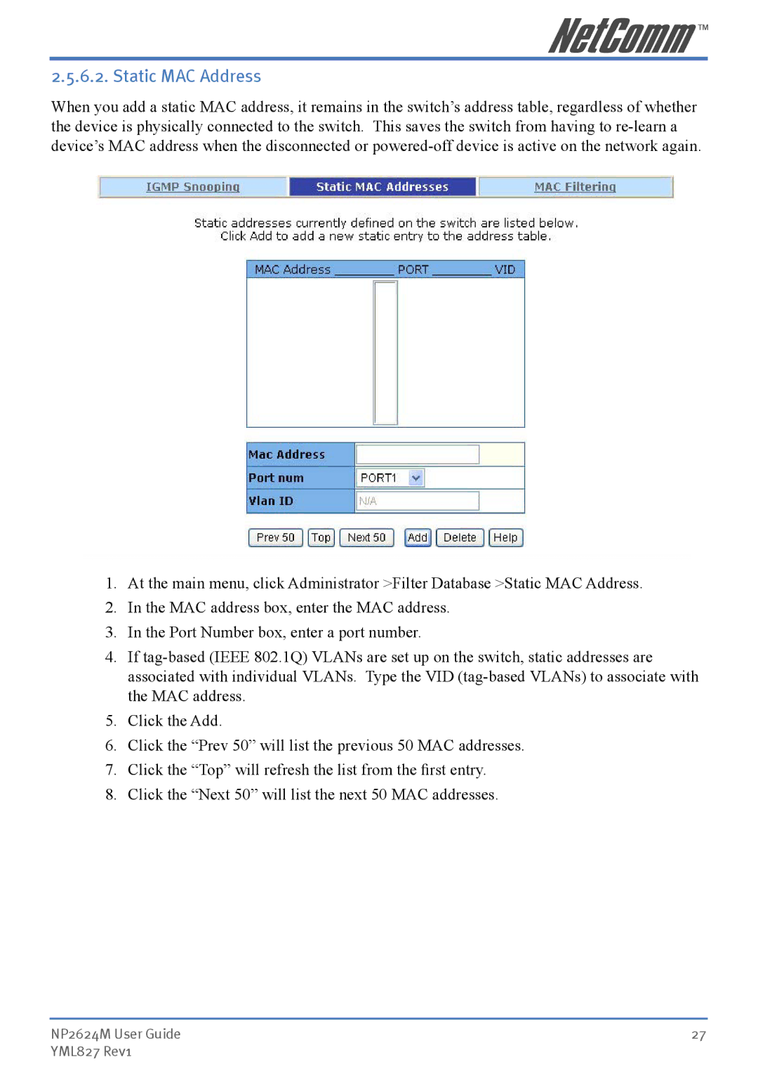 NetComm NP2624M manual Static MAC Address 