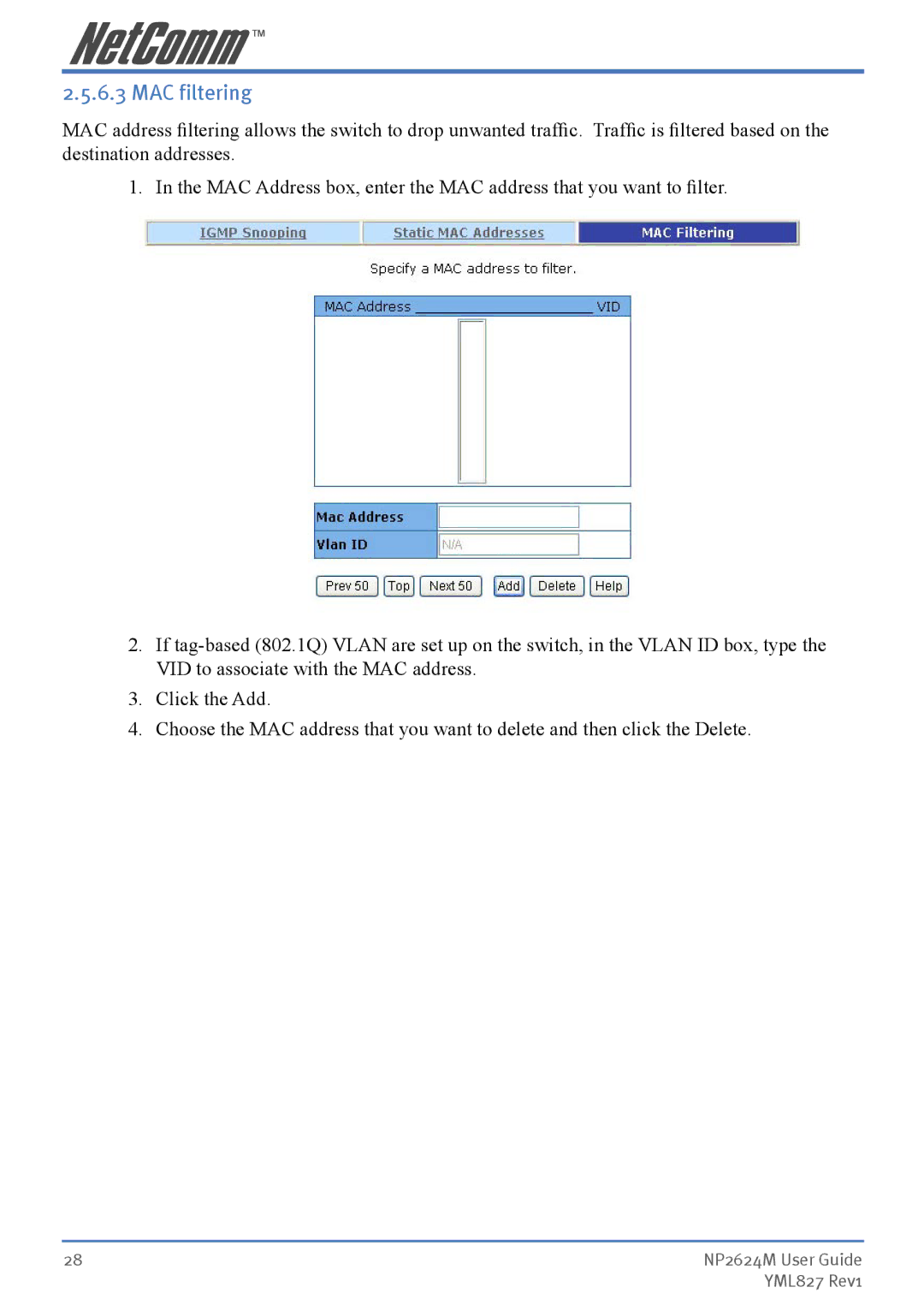 NetComm NP2624M manual MAC filtering 