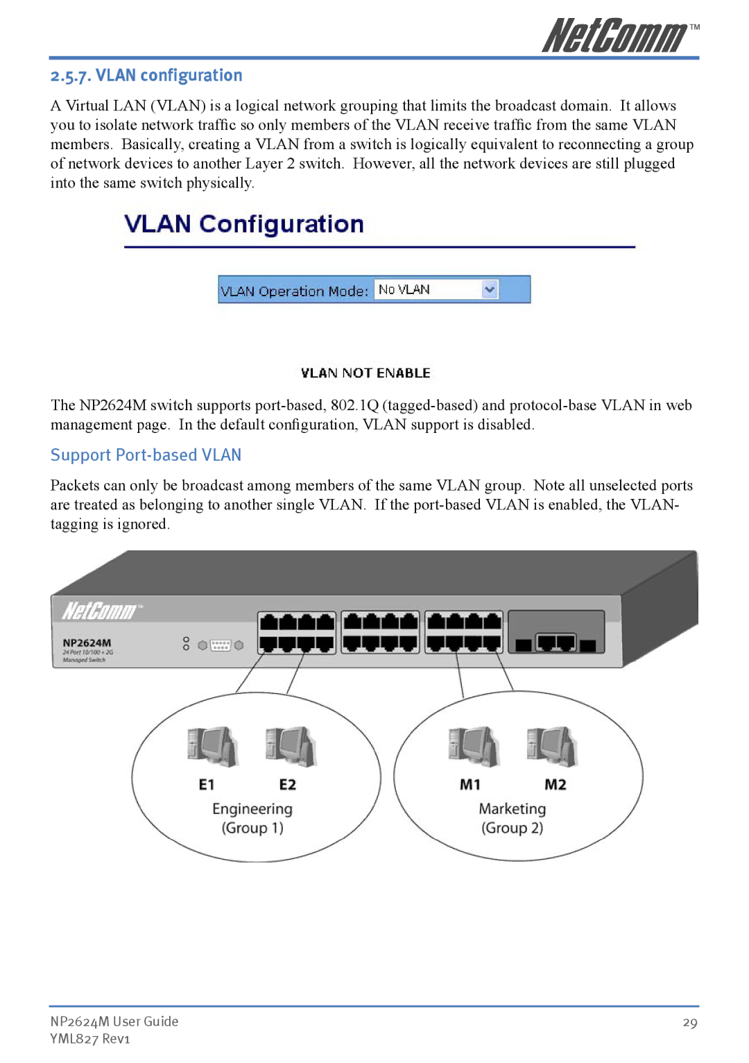 NetComm NP2624M manual Vlan configuration, Support Port-based Vlan 