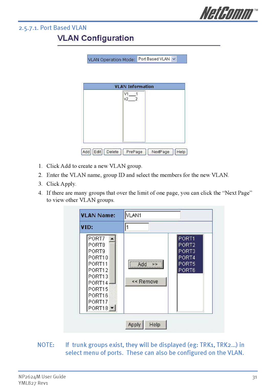 NetComm NP2624M manual Port Based Vlan 