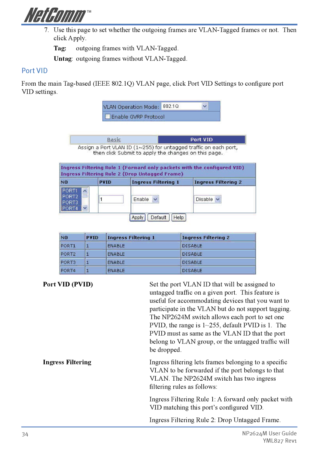 NetComm NP2624M manual Port VID Pvid, Ingress Filtering 