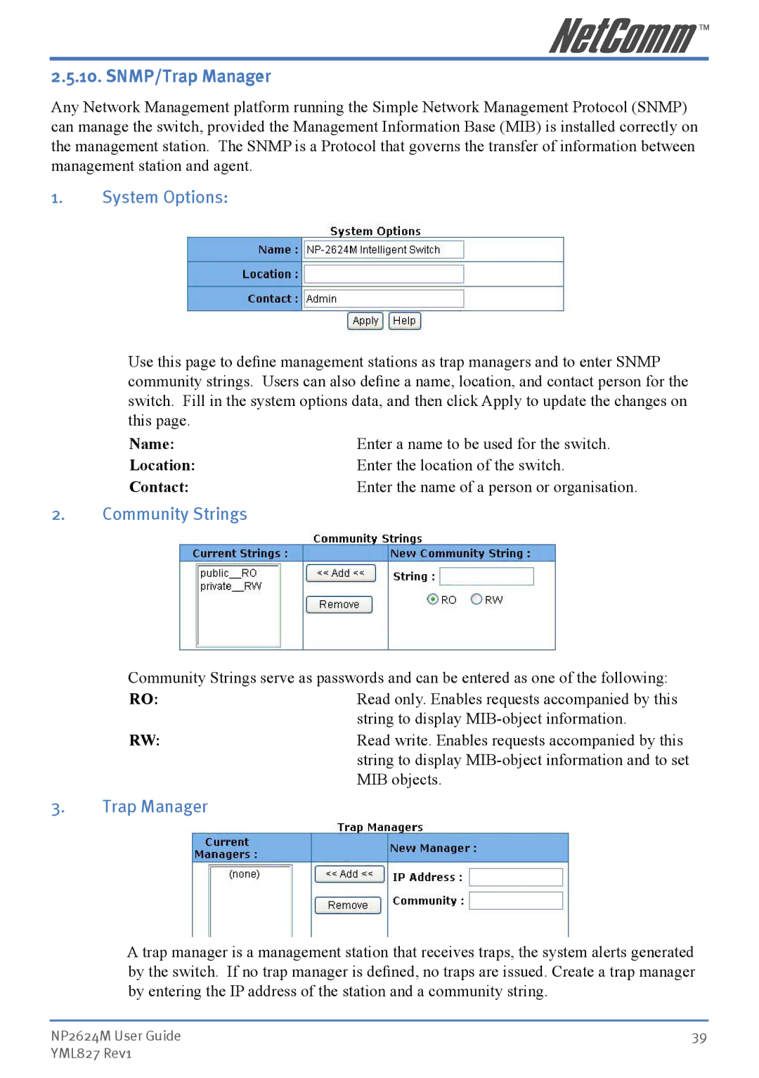 NetComm NP2624M manual SNMP/Trap Manager, System Options, Community Strings 