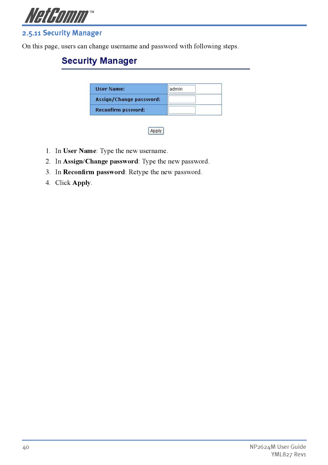 NetComm NP2624M manual Security Manager 