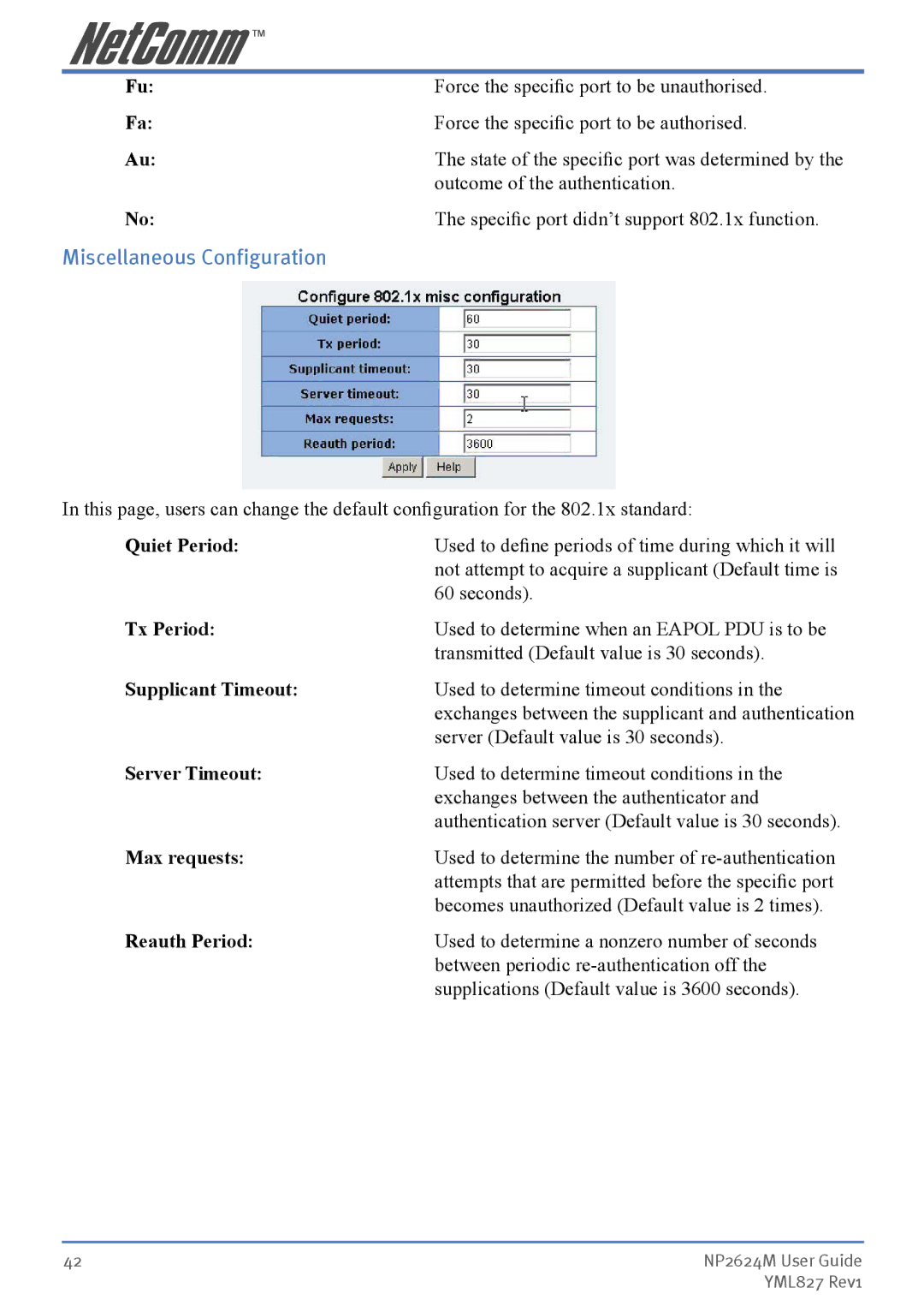 NetComm NP2624M manual Quiet Period, Tx Period, Supplicant Timeout, Server Timeout, Max requests, Reauth Period 