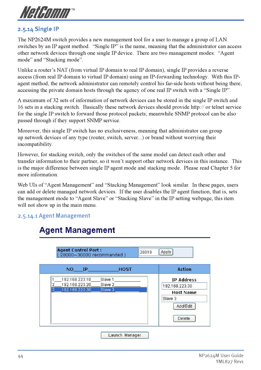 NetComm NP2624M manual Single IP, Agent Management 