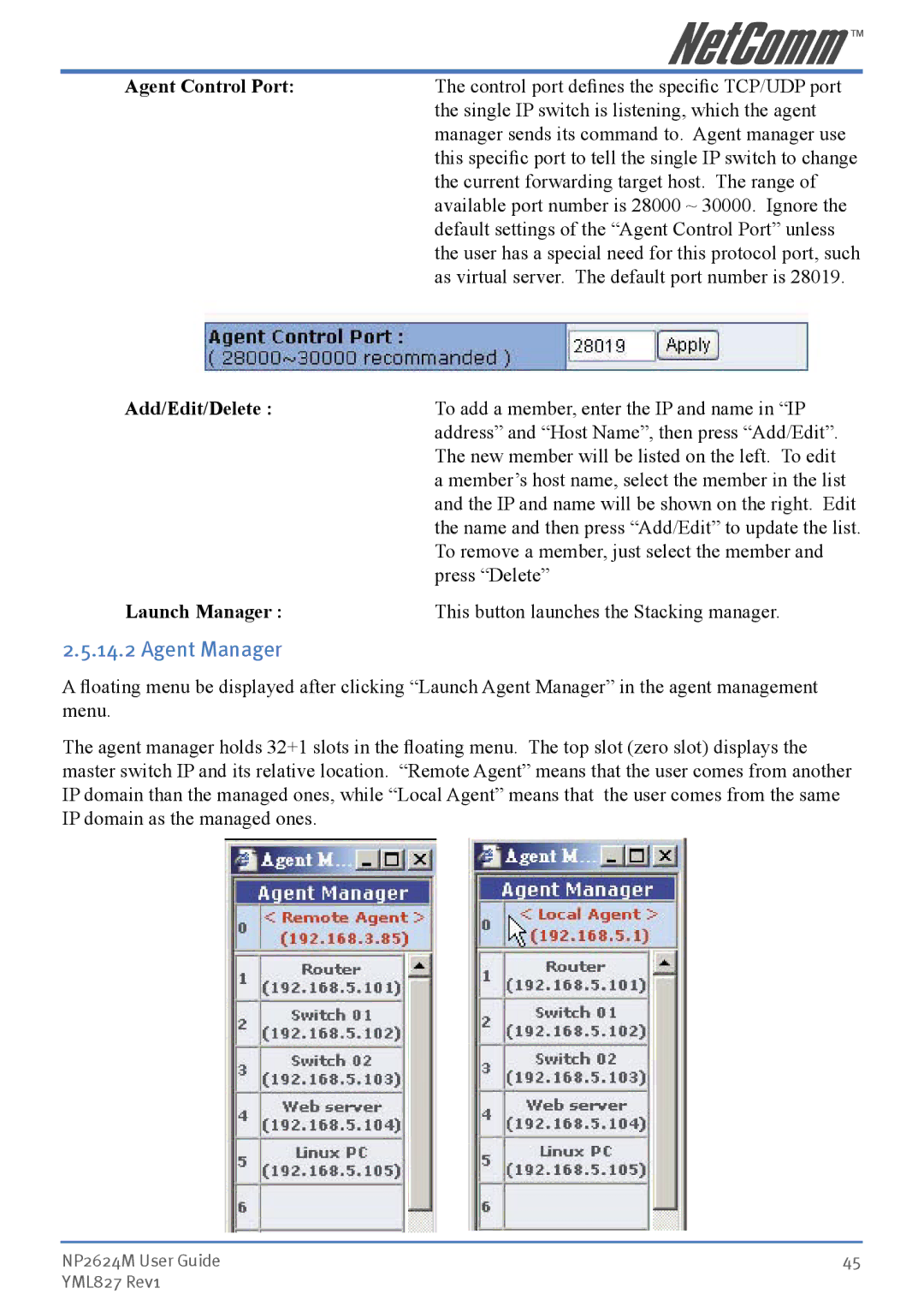 NetComm NP2624M manual Agent Manager, Agent Control Port, Add/Edit/Delete, Launch Manager 