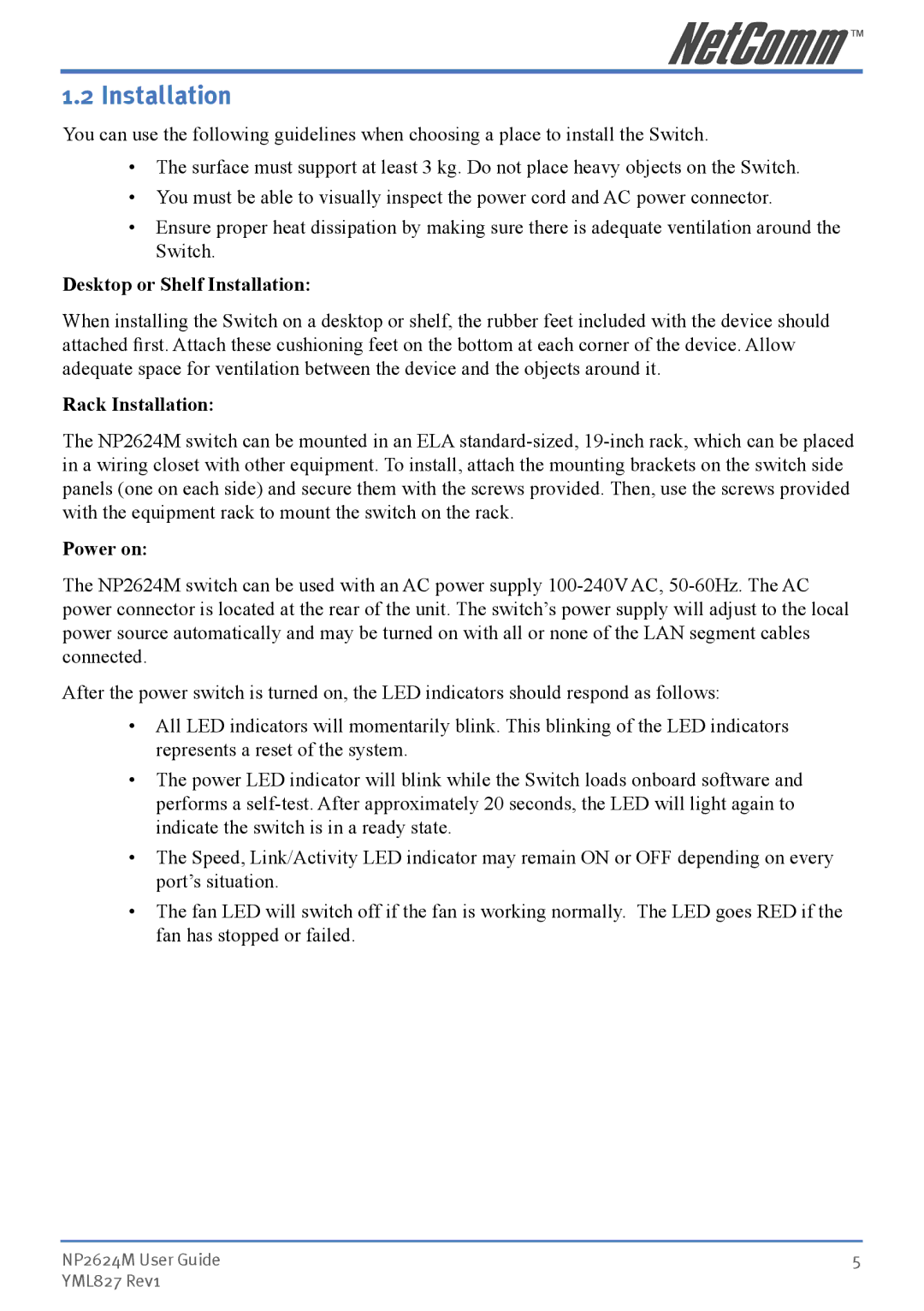 NetComm NP2624M manual Desktop or Shelf Installation, Rack Installation, Power on 