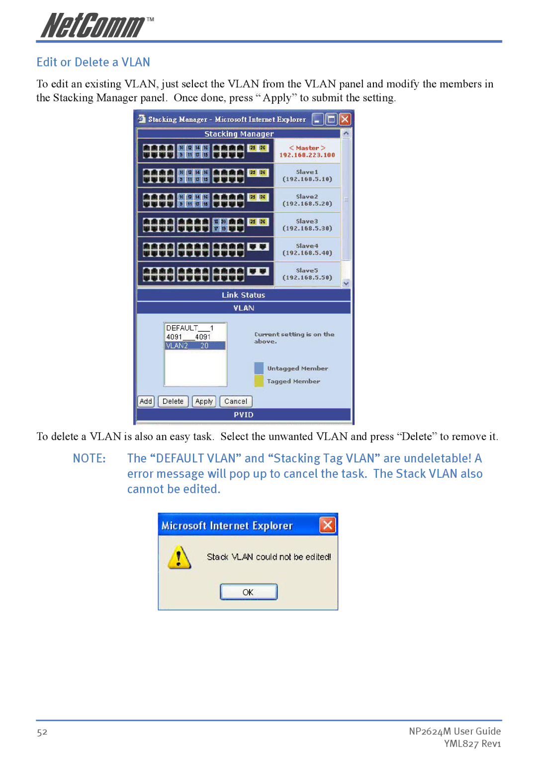 NetComm NP2624M manual Edit or Delete a Vlan, Cannot be edited 