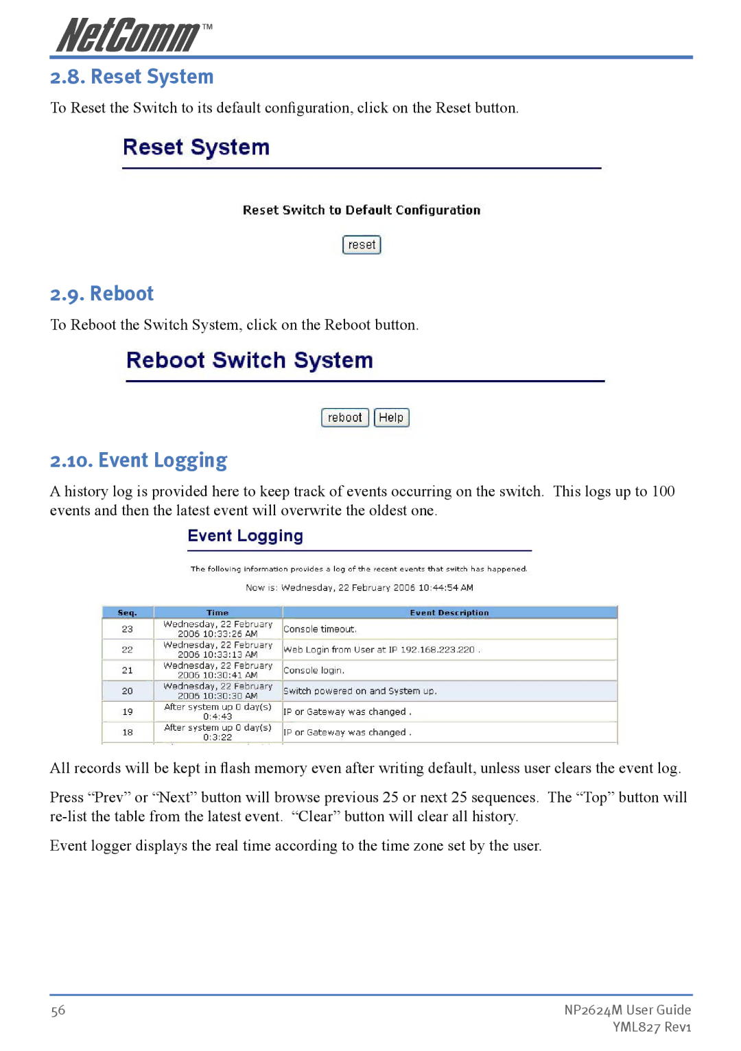 NetComm NP2624M manual Reset System, Reboot, Event Logging 