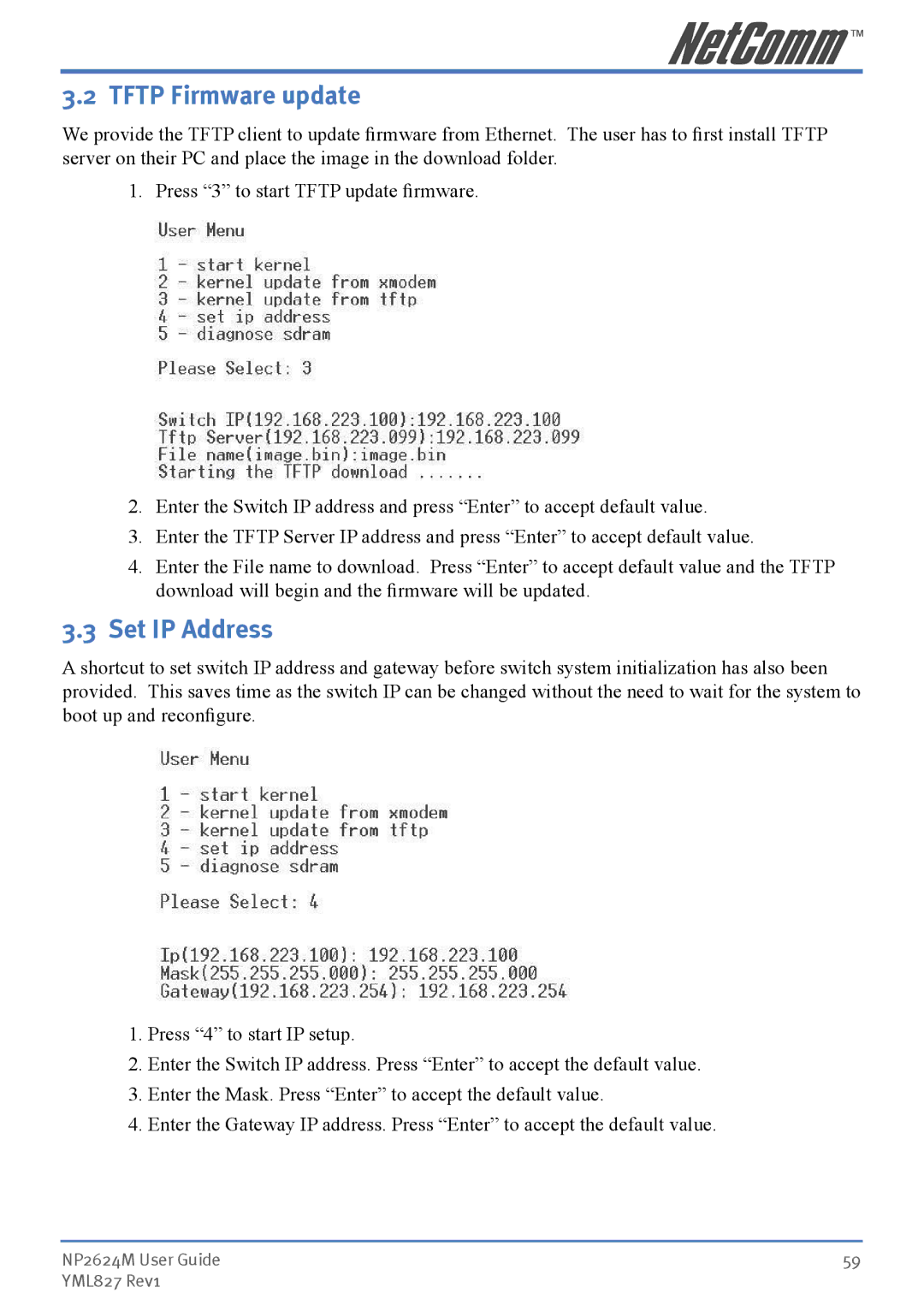 NetComm NP2624M manual Tftp Firmware update, Set IP Address 