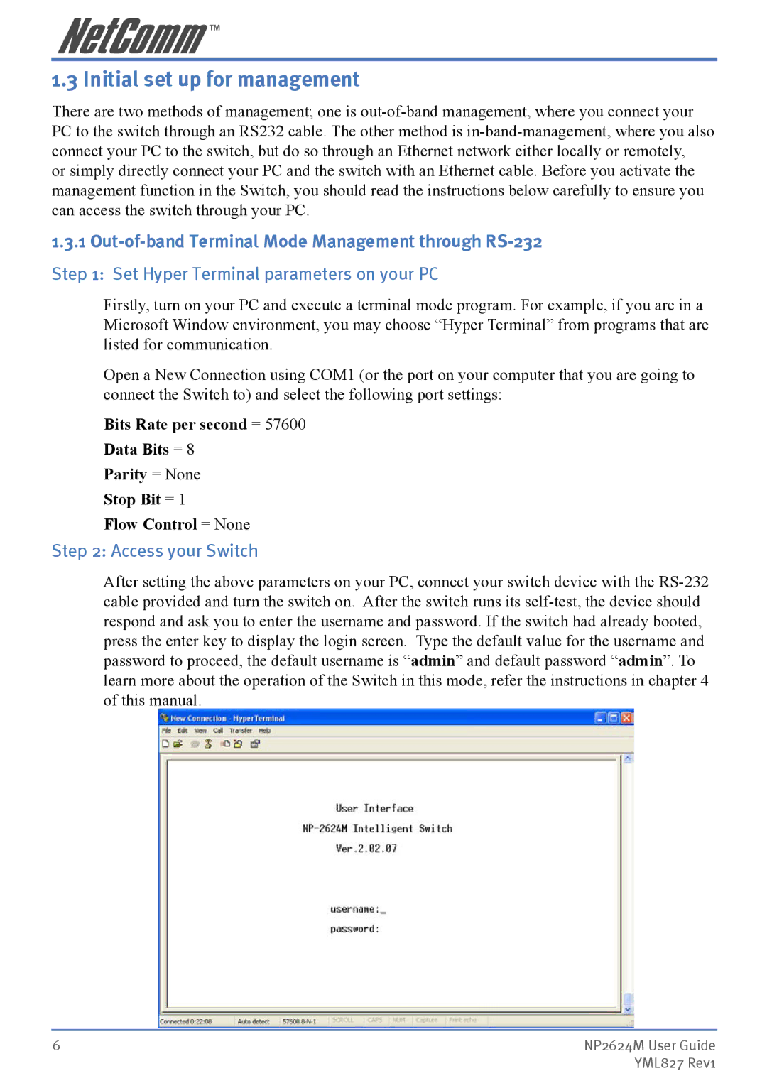 NetComm NP2624M manual Initial set up for management, Access your Switch 