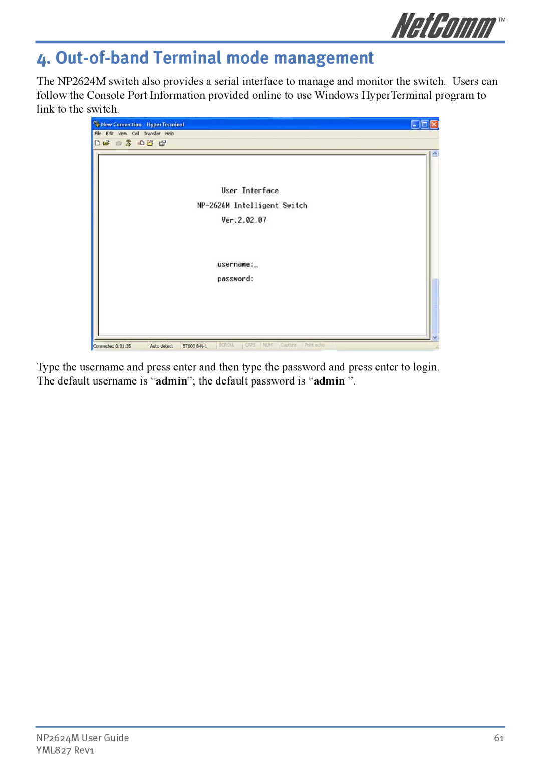 NetComm NP2624M manual Out-of-band Terminal mode management 