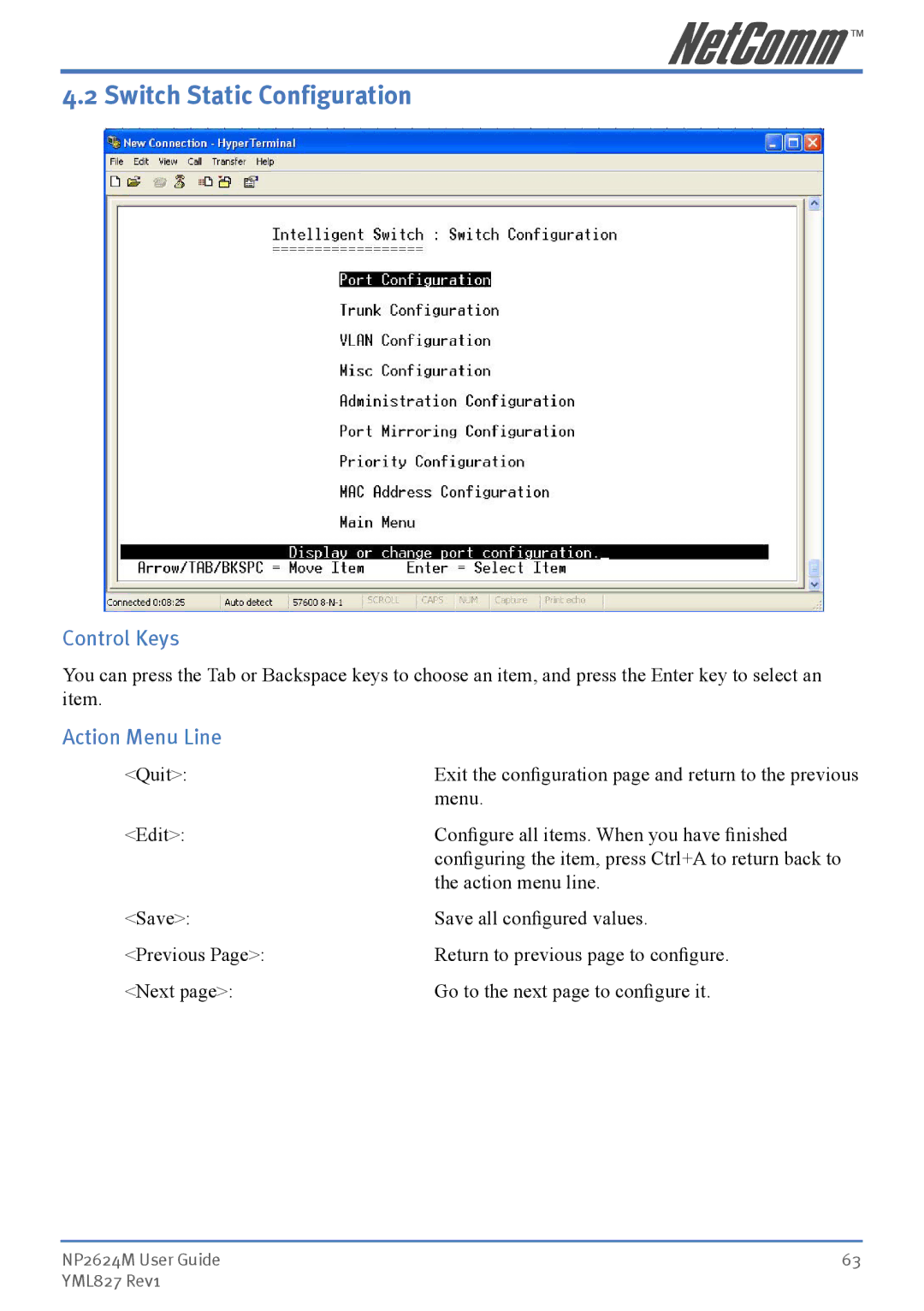 NetComm NP2624M manual Switch Static Configuration, Action Menu Line 