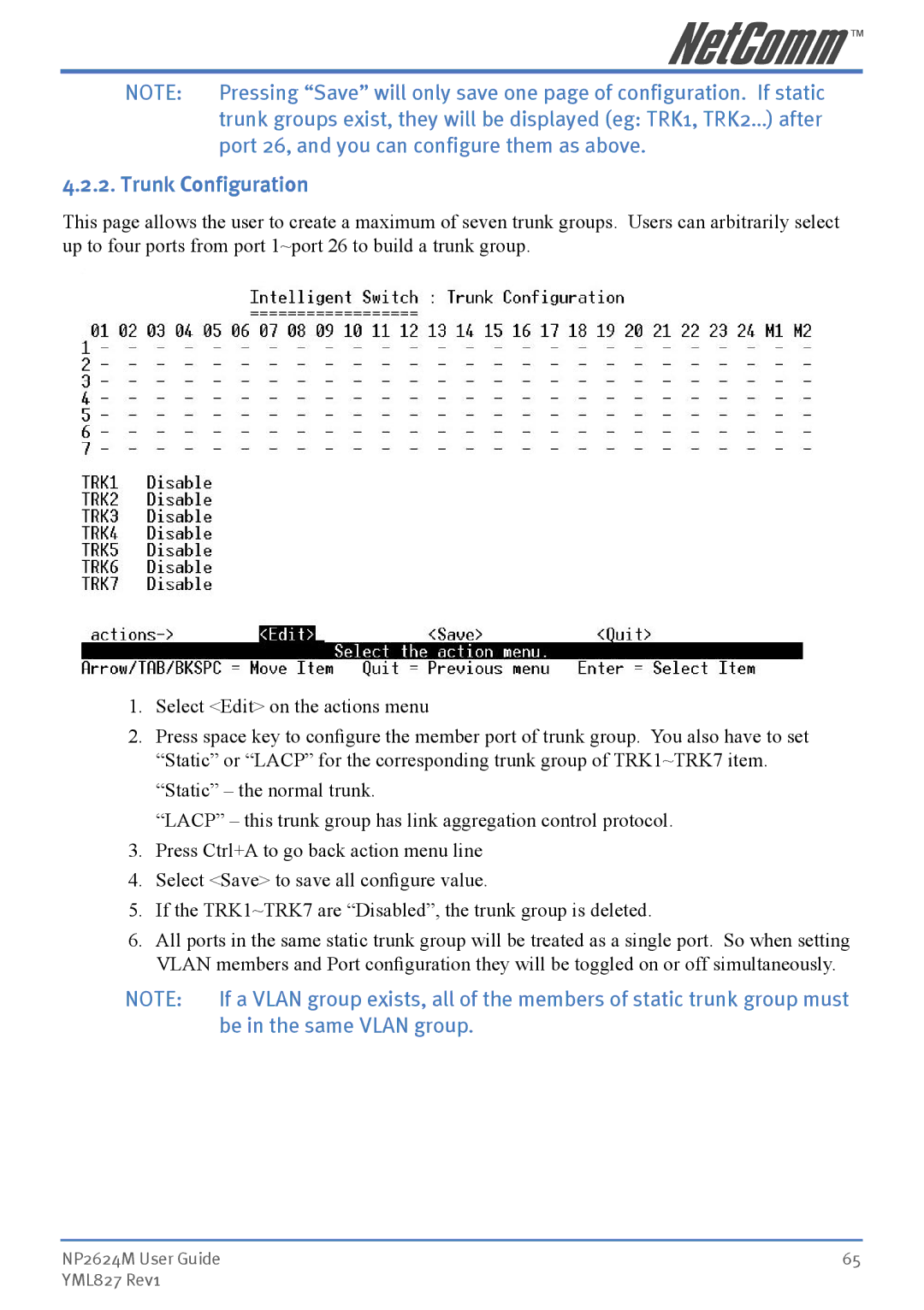 NetComm NP2624M manual Port 26, and you can configure them as above, Trunk Configuration 