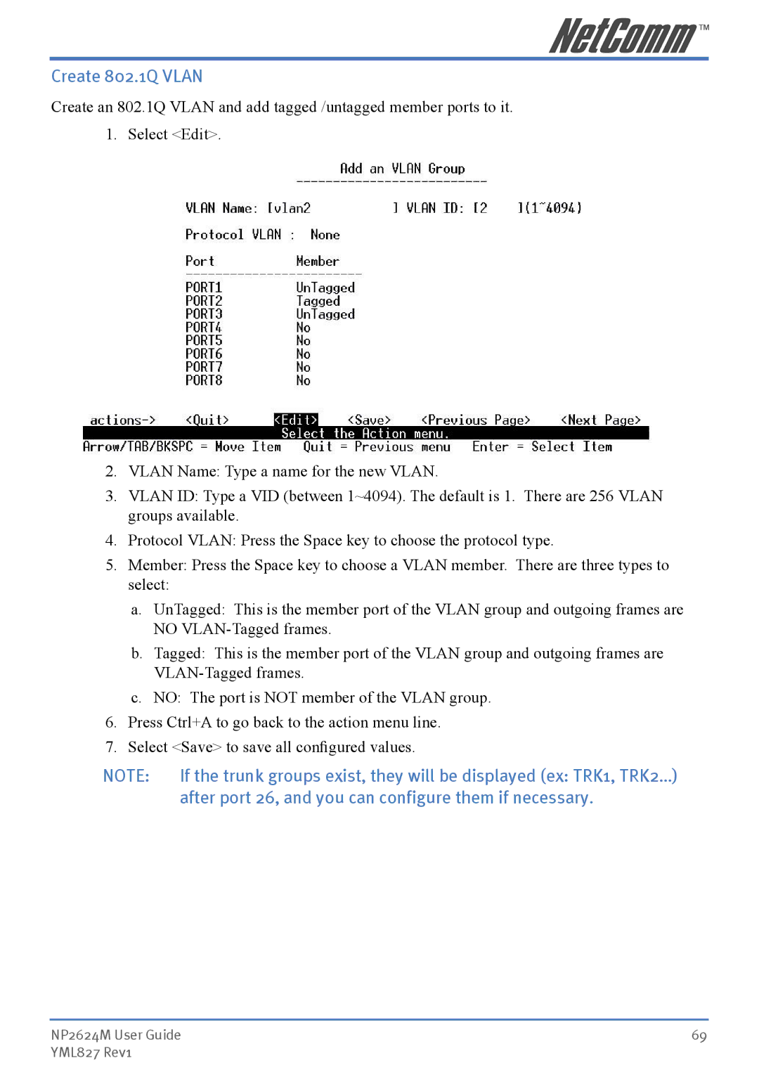 NetComm NP2624M manual Create 802.1Q Vlan, After port 26, and you can configure them if necessary 