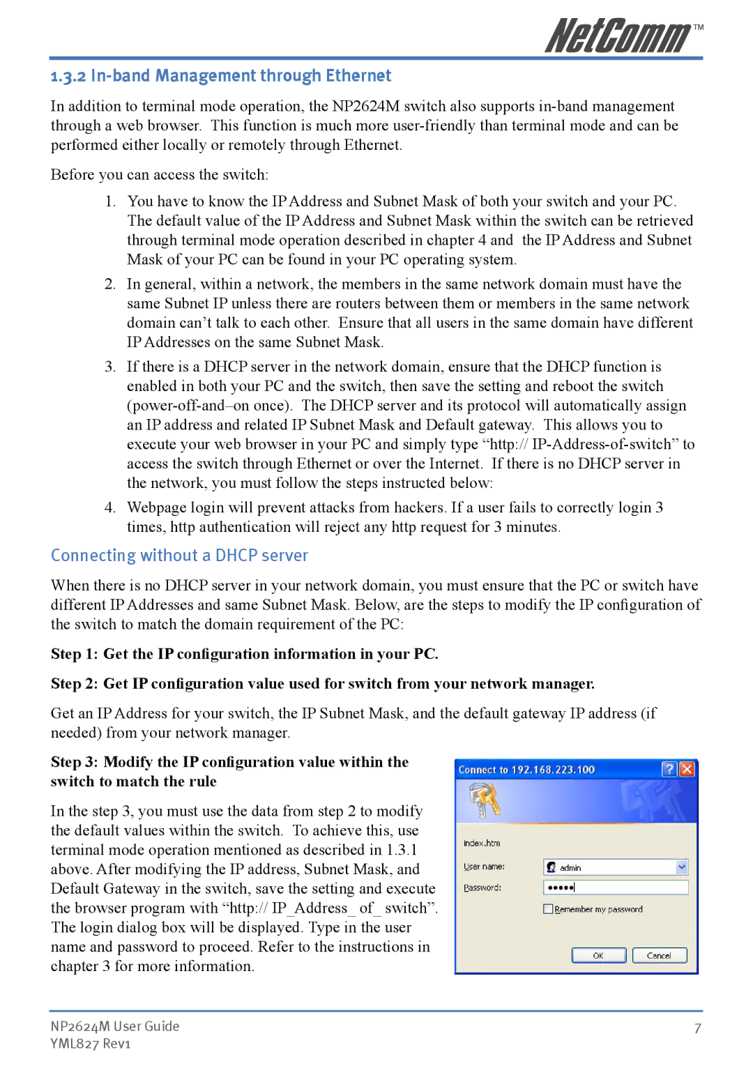 NetComm NP2624M manual In-band Management through Ethernet, Connecting without a Dhcp server 