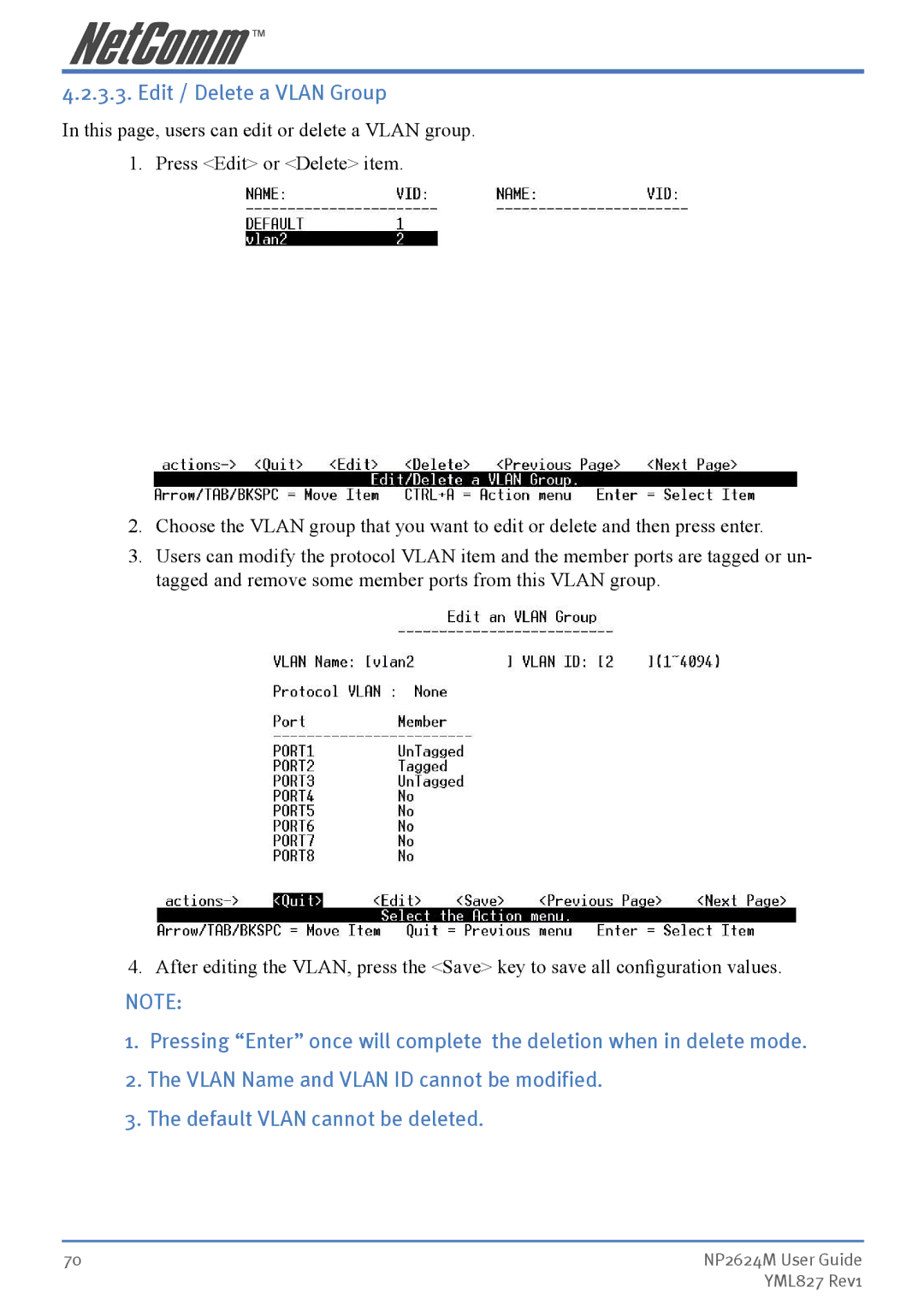 NetComm NP2624M manual Edit / Delete a Vlan Group 