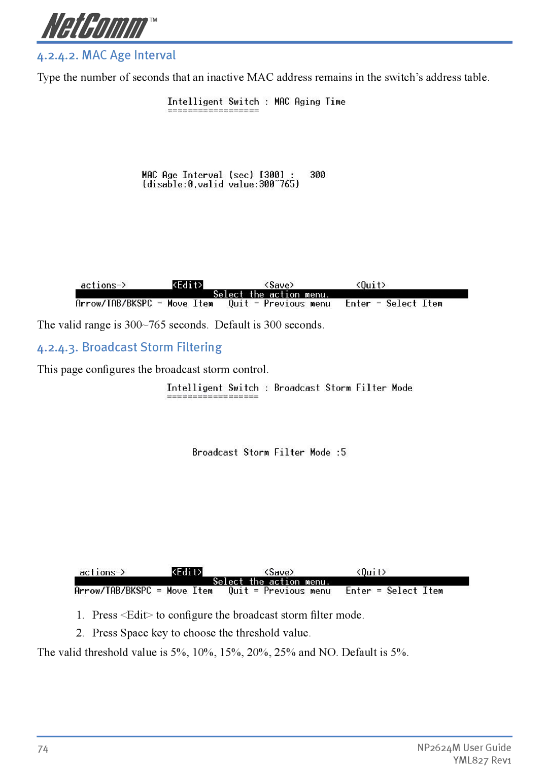 NetComm NP2624M manual MAC Age Interval, Broadcast Storm Filtering 