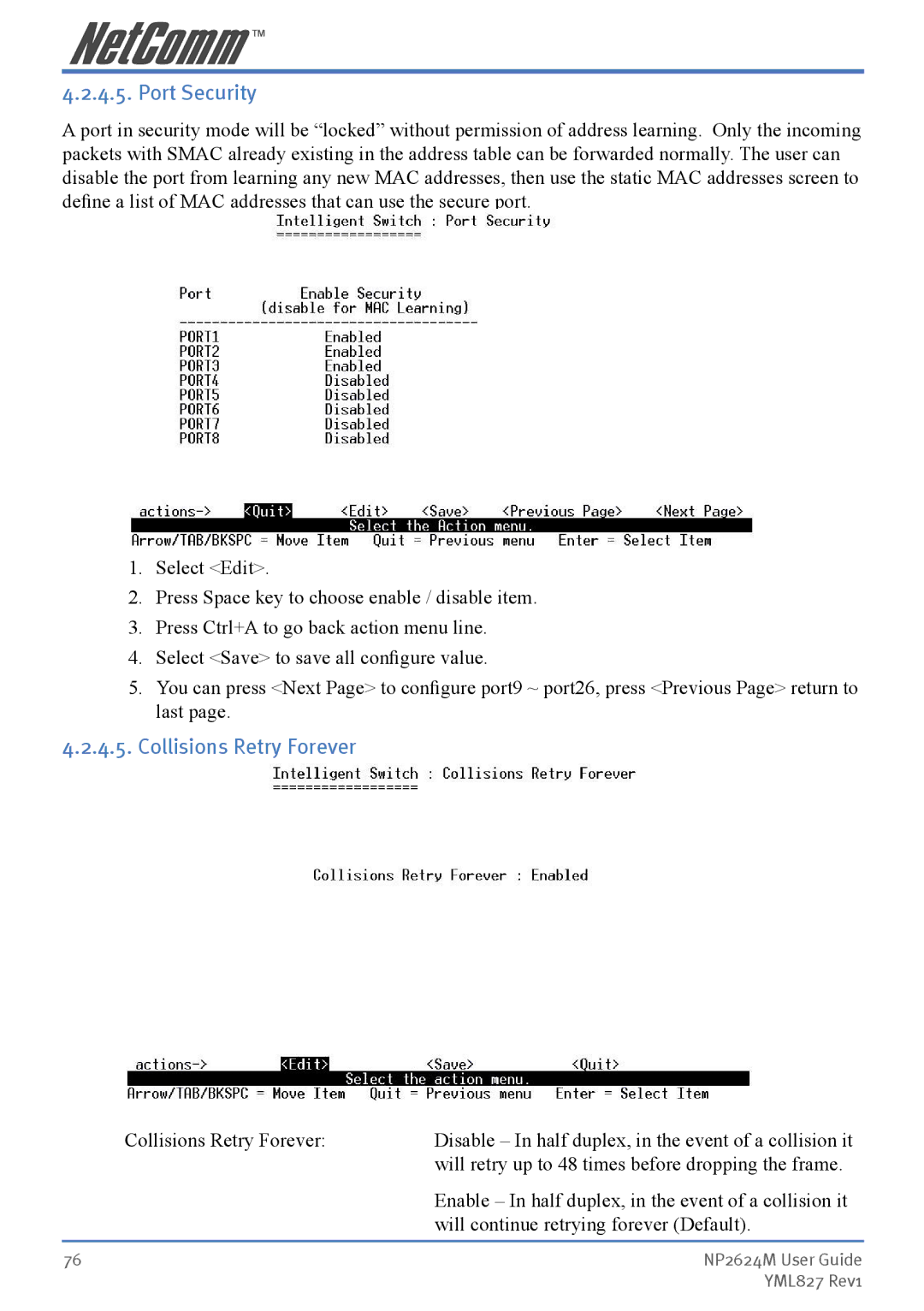 NetComm NP2624M manual Port Security, Collisions Retry Forever 